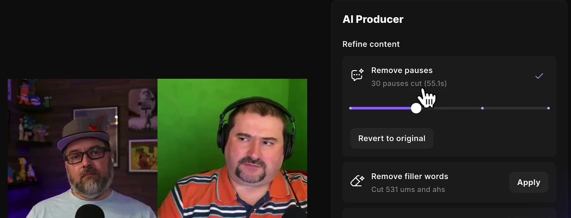 Slider showing 30 pauses cut totaling 55.1 seconds