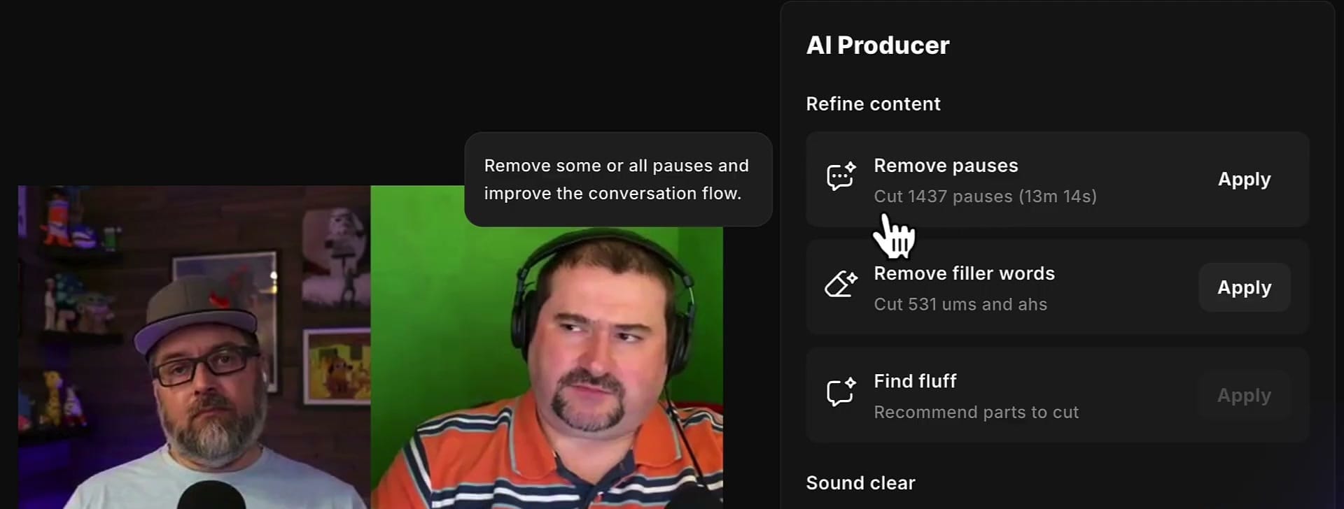 AI Producer panel showing Remove pauses with 1437 pauses detected totaling 13 minutes 14 seconds