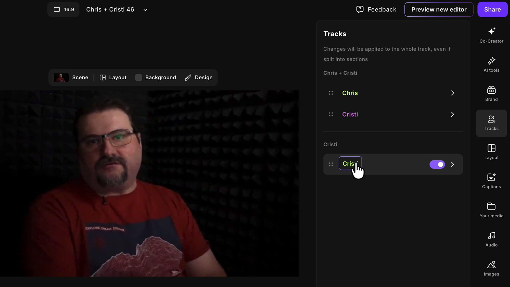 Riverside Tracks panel with a speaker name being renamed inline