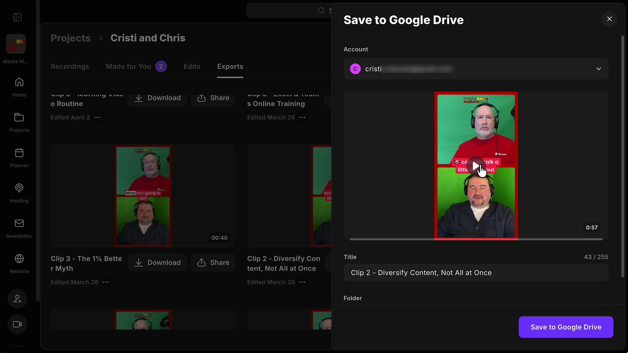 The Save to Google Drive panel in Riverside showing the account, file preview, title field, and Riverside folder