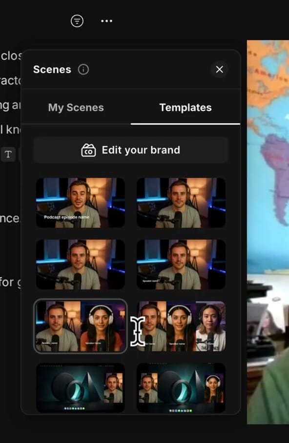 Templates panel showing the Edit your brand button and template gallery with side-by-side speaker preview