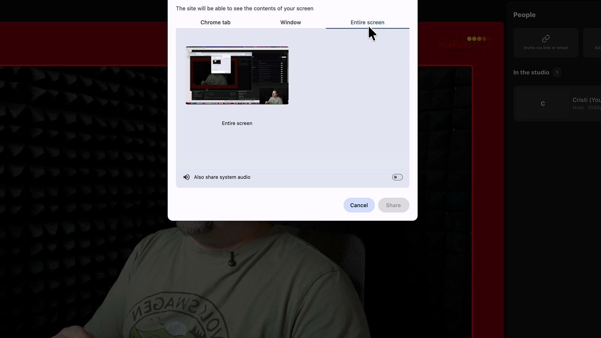 Browser share dialog on the Entire screen tab showing the Also share system audio toggle