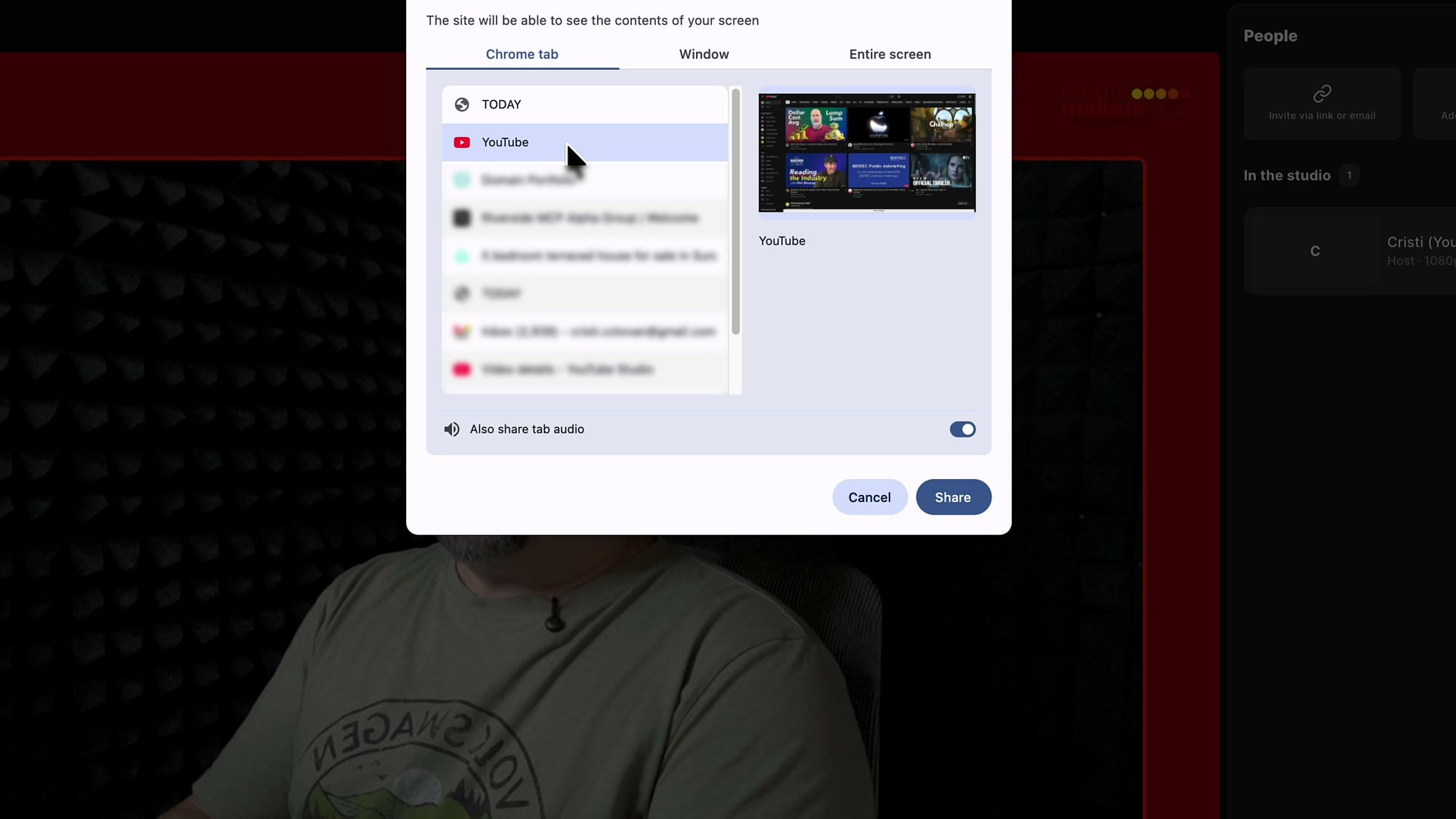 Browser share dialog with a YouTube tab selected and the Also share tab audio toggle switched on