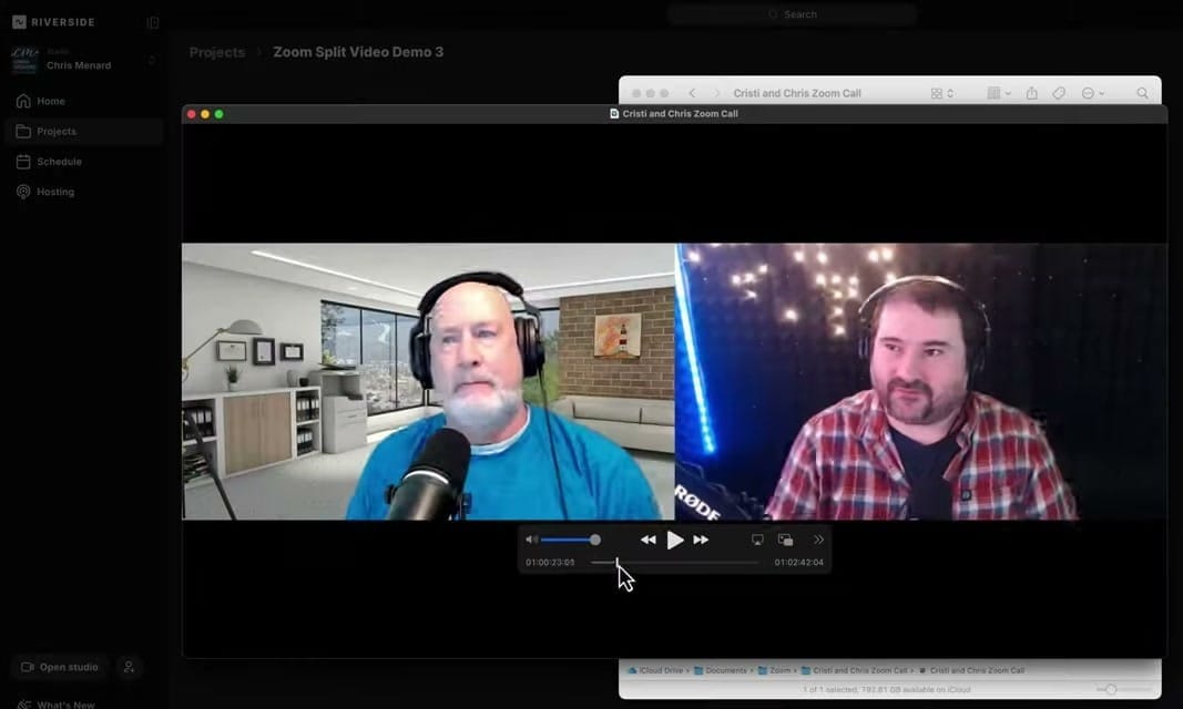 QuickTime player showing a combined Zoom call video with two speakers side by side — Chris Menard on the left and Cristi on the right — in a single video file previewed before uploading to Riverside