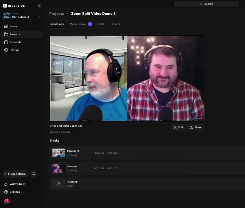 Riverside project page showing 'Zoom Split Video Demo 3' with two separated speaker tracks (Speaker-0 at 999x551 and Speaker-1 at 895x557), each marked Ready, plus a ready Transcript, with Edit and Share buttons