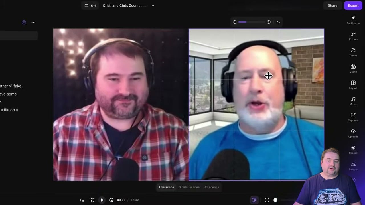 Riverside editor showing the split video result with two speakers displayed side by side, each individually cropped from the original combined frame, with the right sidebar showing AI tools, Tracks, Brand, Layout, Music, Captions, and other panels
