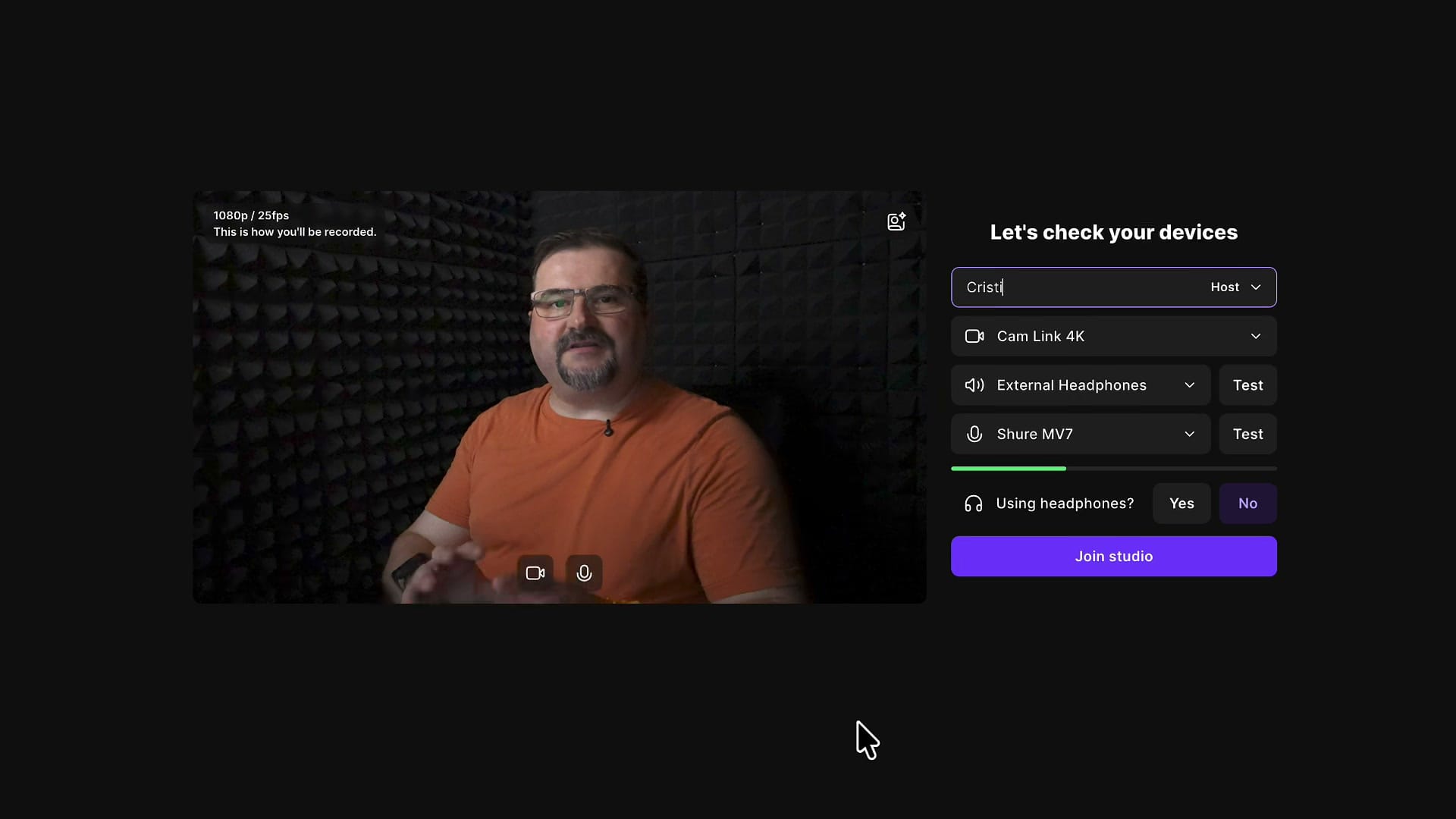 Riverside studio device-check setup screen
