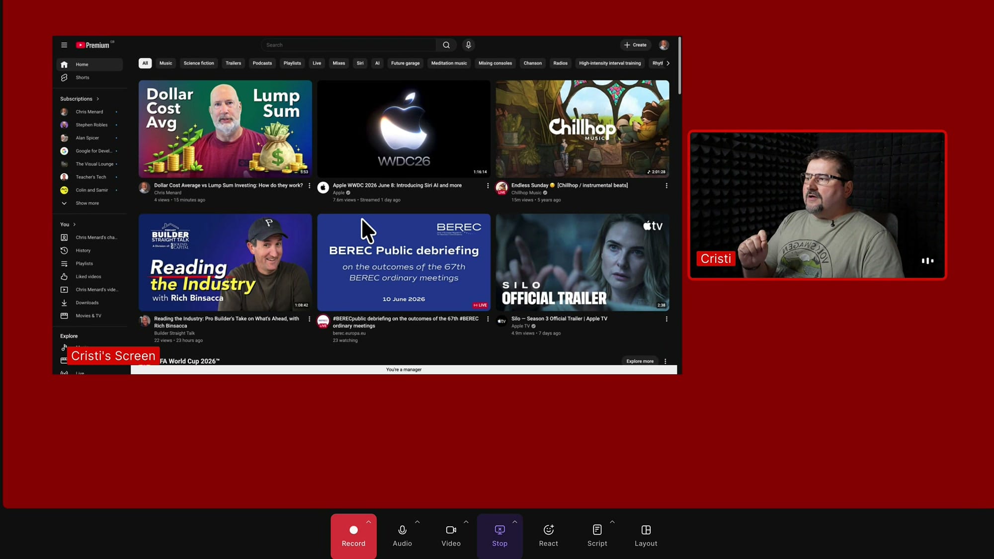 Riverside studio preview showing the shared screen on the left and the camera feed on the right before recording