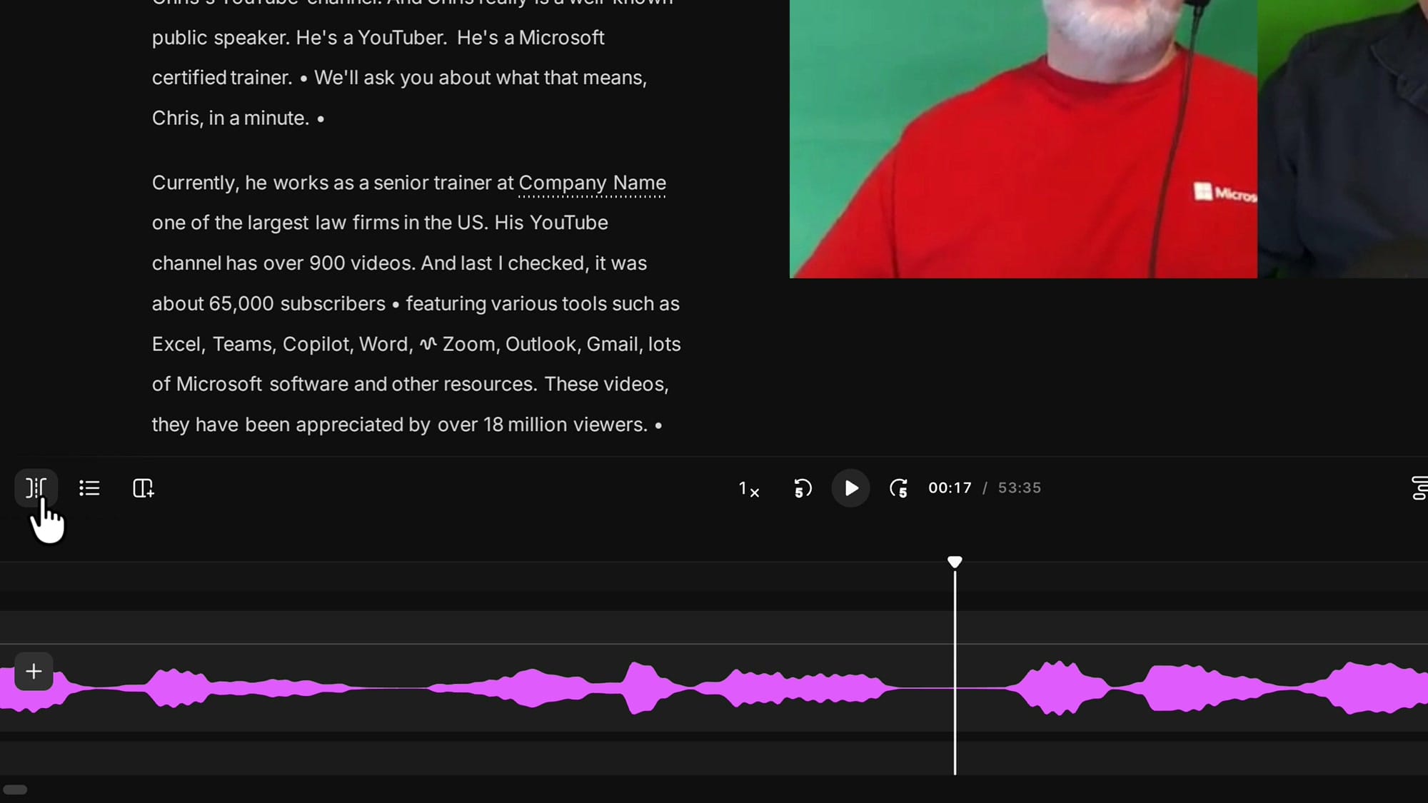 Riverside timeline zoomed in with the play head positioned and the split control highlighted