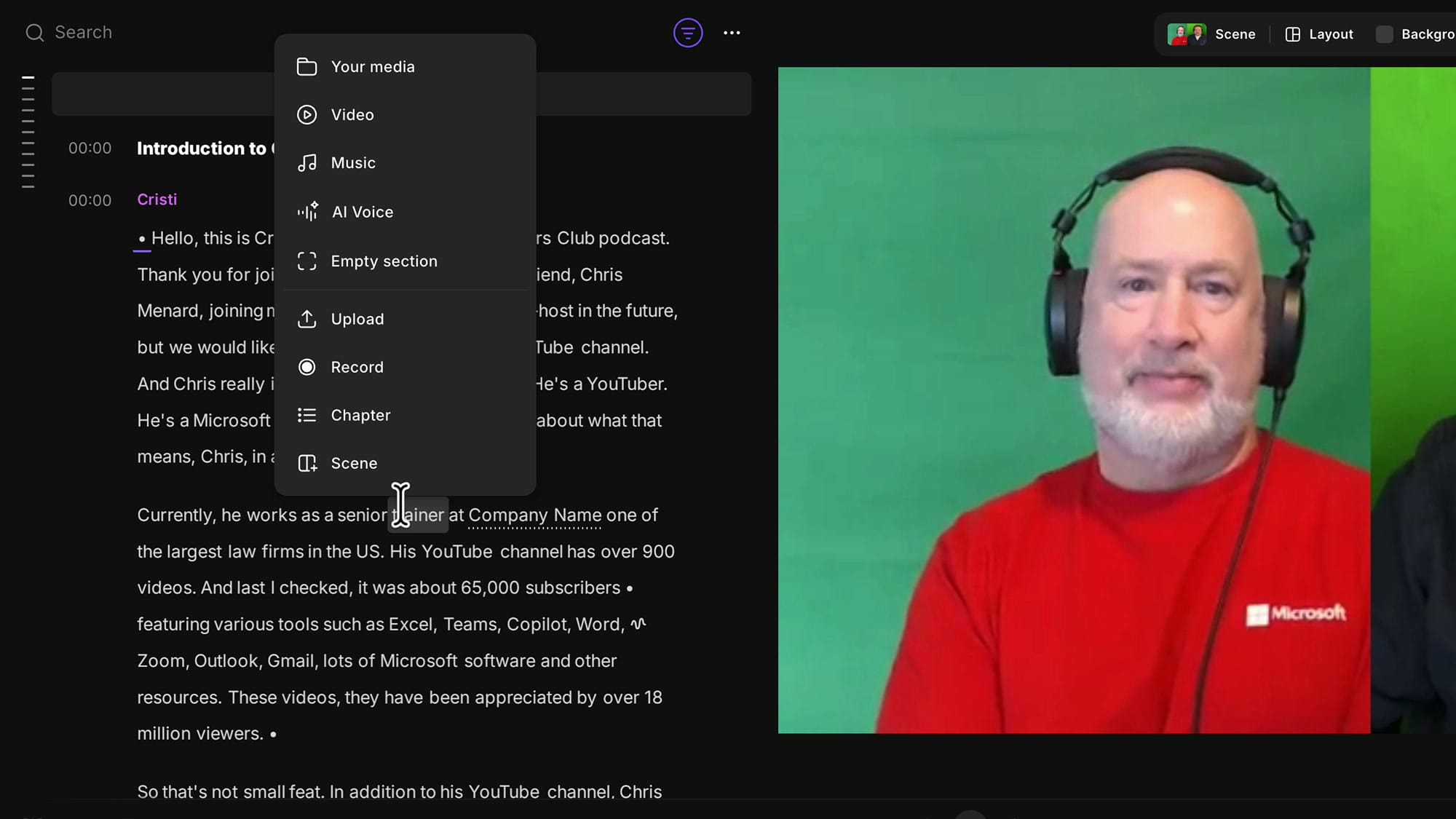 Riverside Add section menu open between transcript paragraphs with options for media, video, music, upload, and record