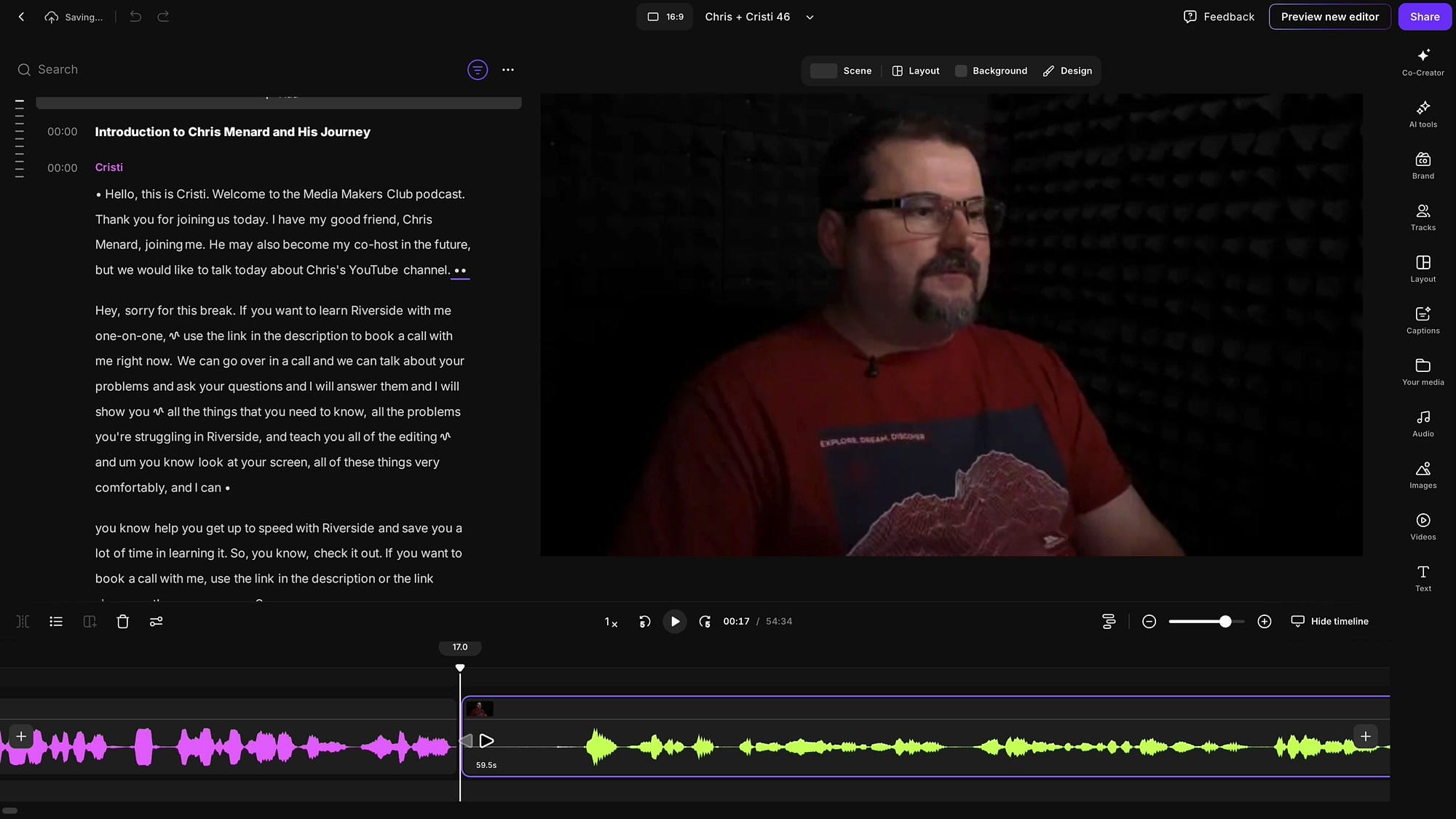 Riverside timeline with the fully expanded ad recording highlighted in green and the ad transcript visible