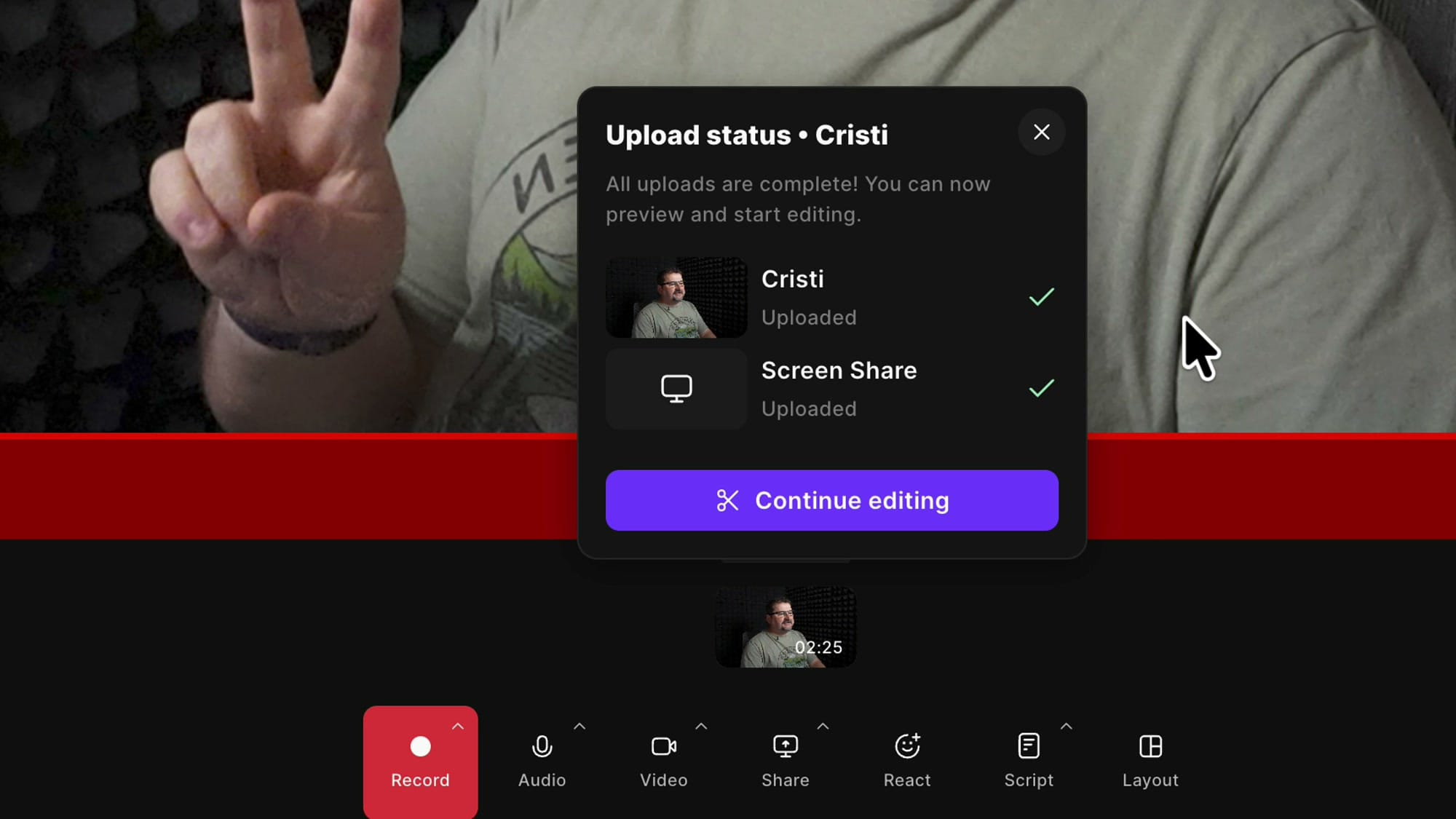 Riverside upload status dialog showing the camera track and screen share track both uploaded, with a Continue editing button