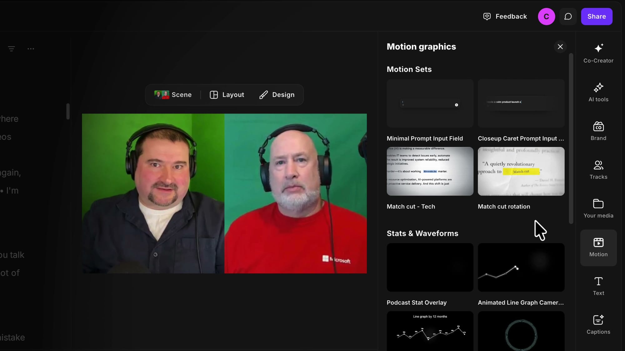 The Motion graphics panel open in the Riverside 2.0 editor showing Motion Sets and Stats & Waveforms categories