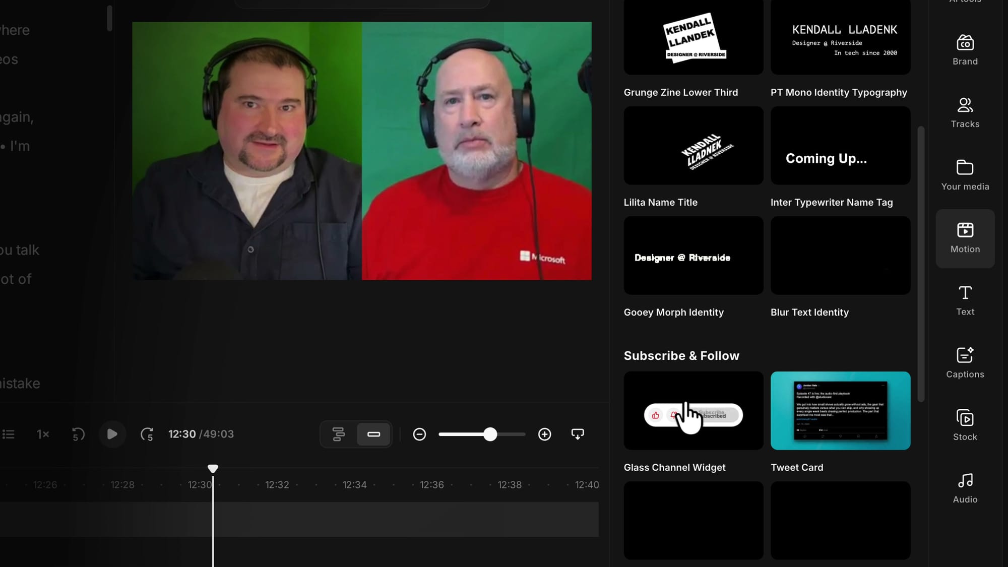Riverside motion graphics library showing subscribe and follow button animations