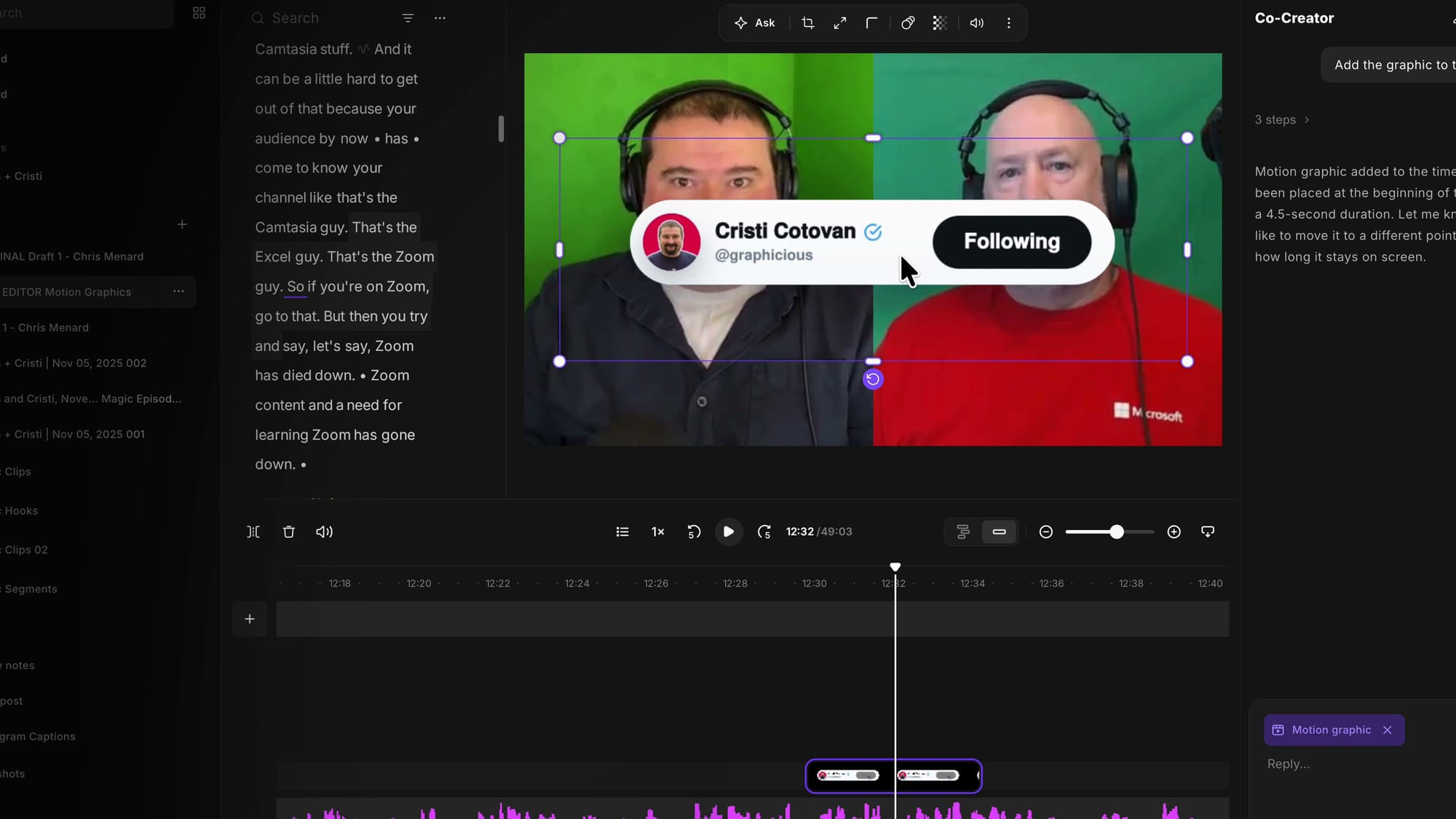 Repositioning and resizing the motion graphic on the Riverside canvas with the timeline clip visible