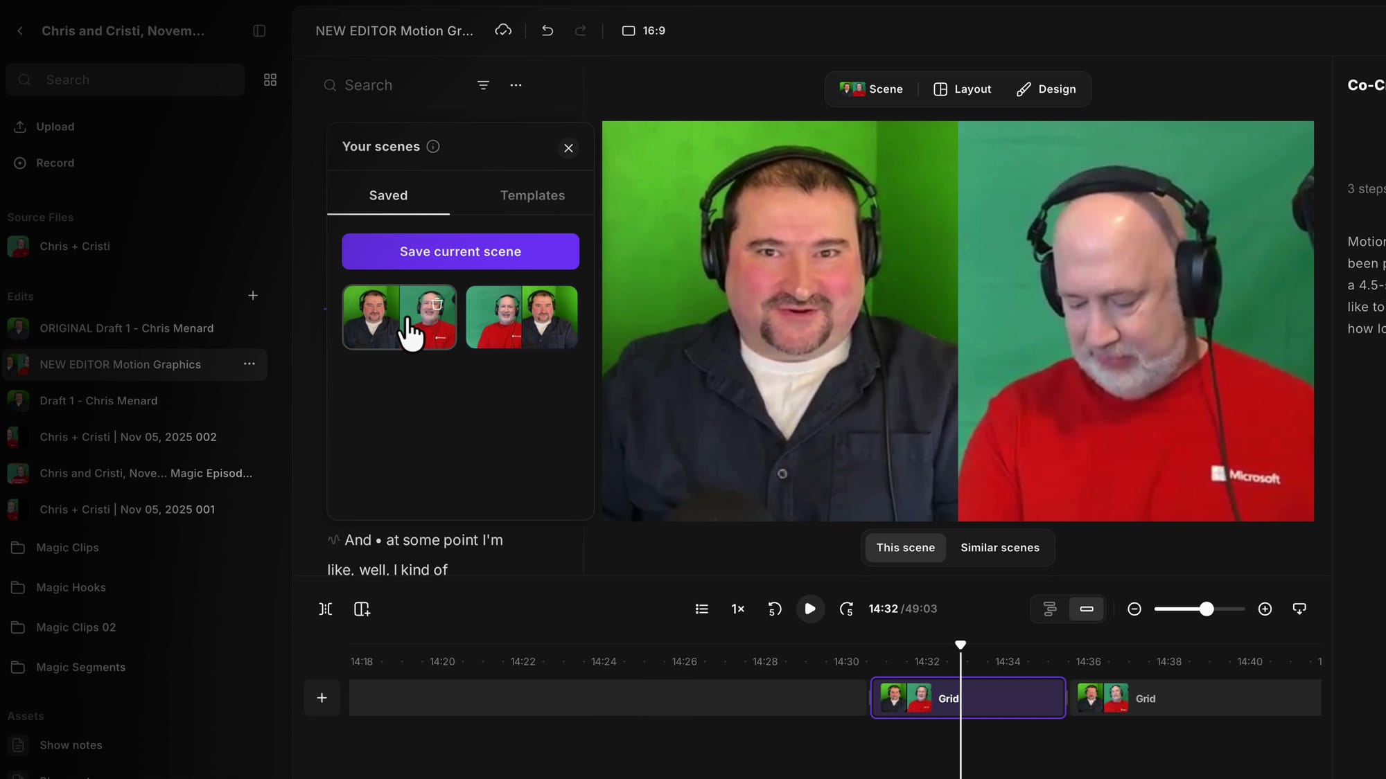 The Your scenes panel in Riverside with the Save current scene button and a saved scene thumbnail