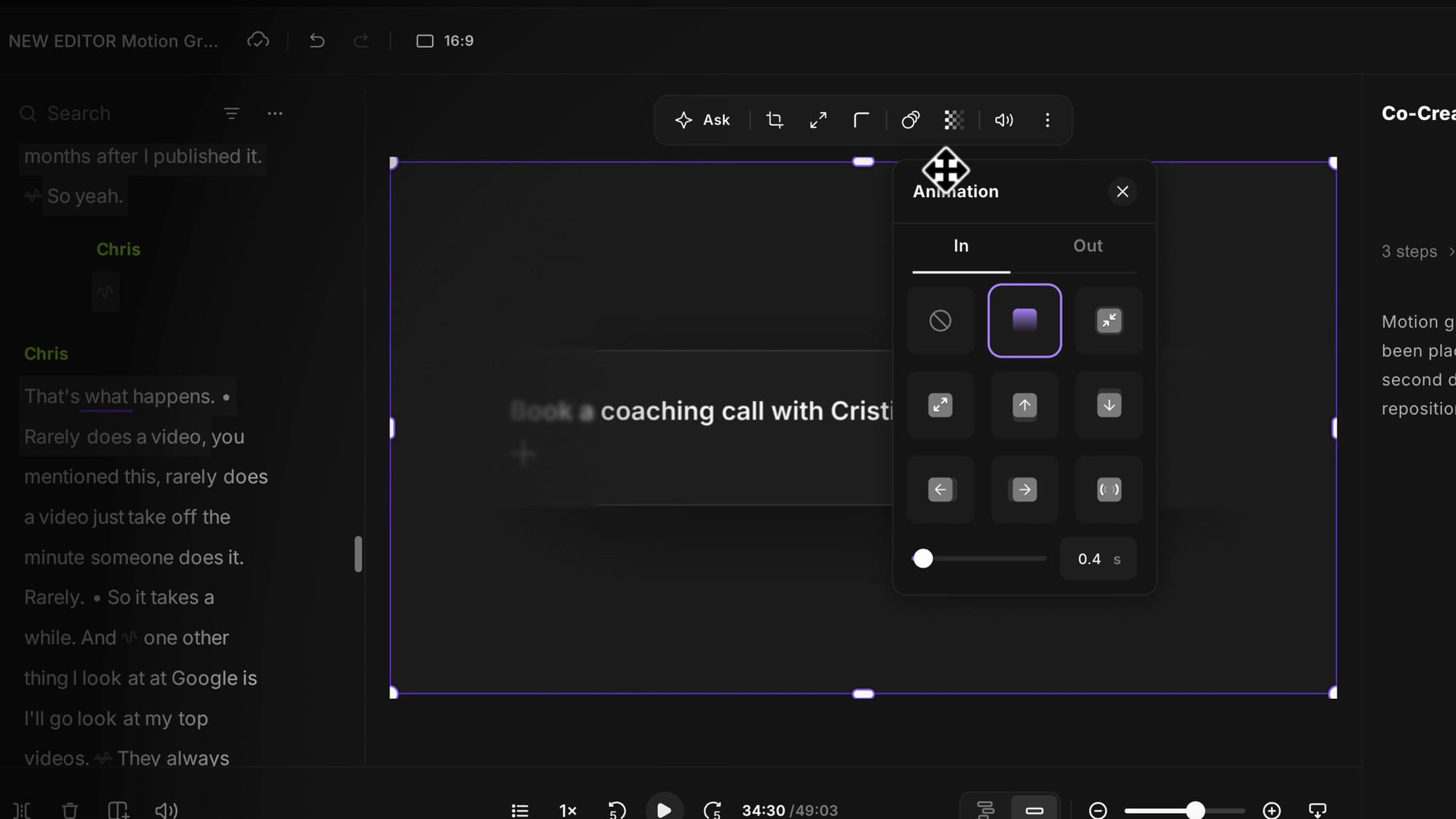 The Animation panel in Riverside with In and Out transition options over a text motion graphic