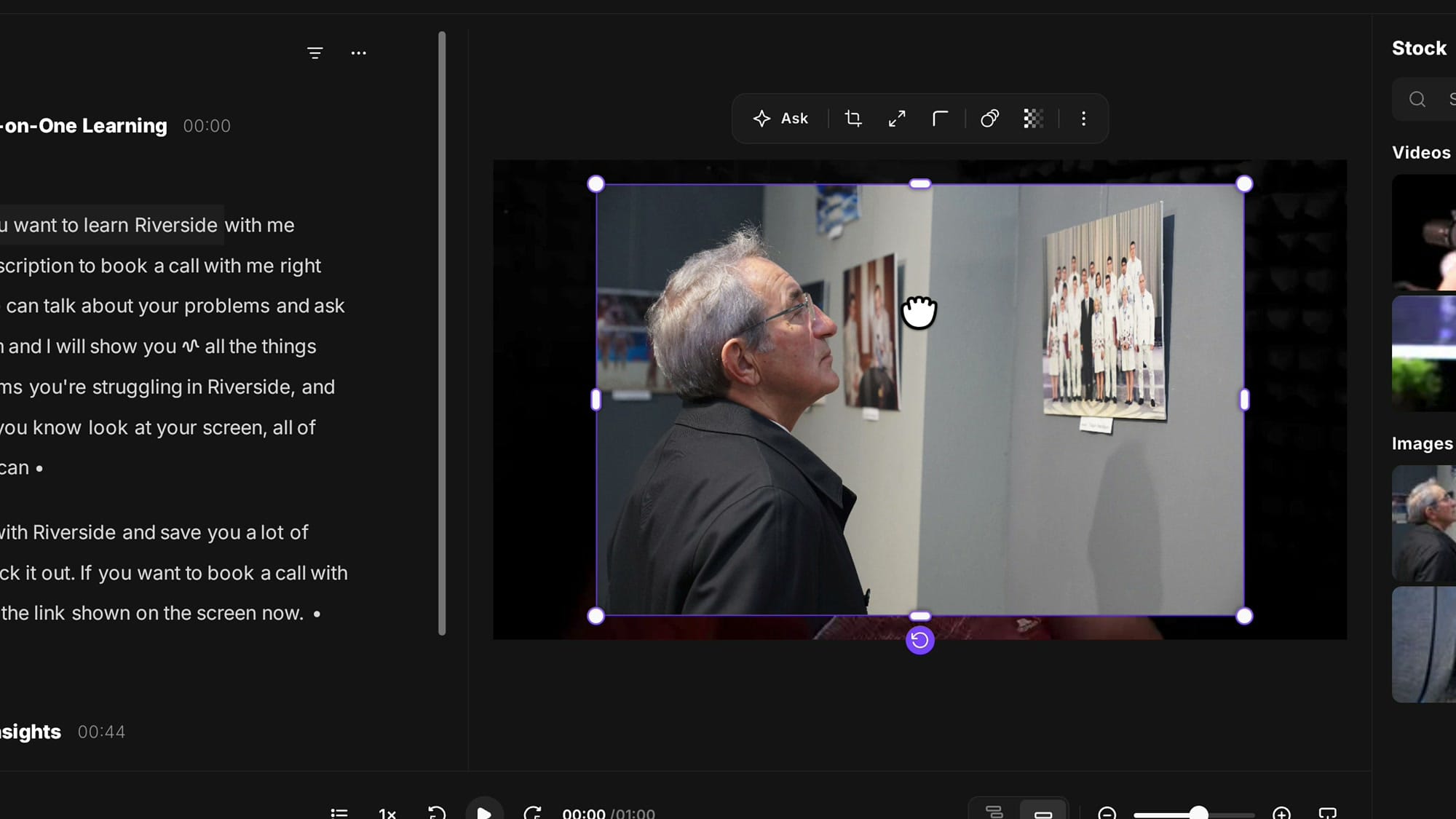 A stock image added on top of the video in Riverside, selected with resize handles