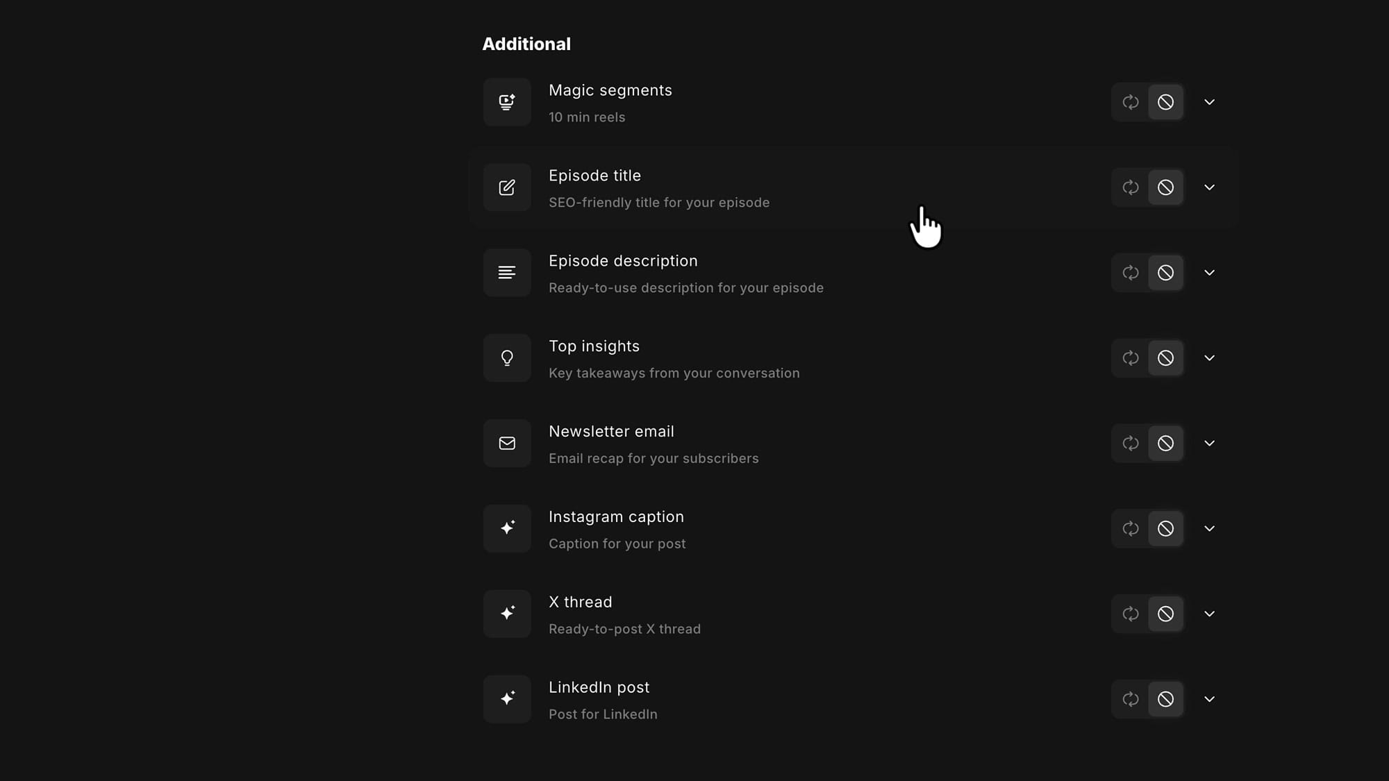 Riverside Additional workflows list showing Episode title, Episode description, Top insights, Newsletter email, Instagram caption, X thread and LinkedIn post