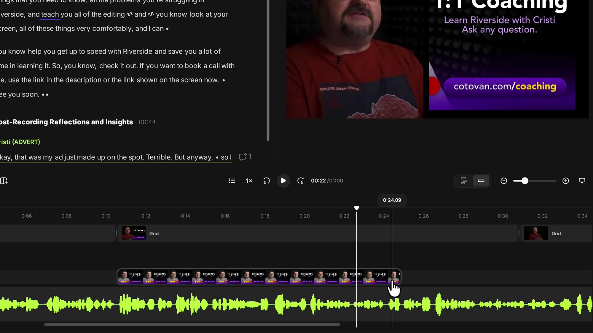 The Riverside timeline with a media clip selected and a scene boundary being dragged to change timing