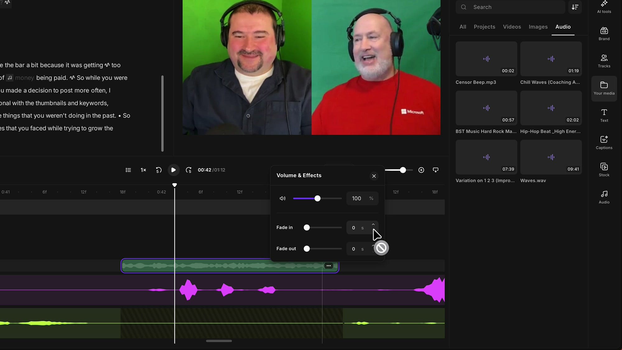 Volume and Effects panel showing volume, fade in and fade out controls in Riverside