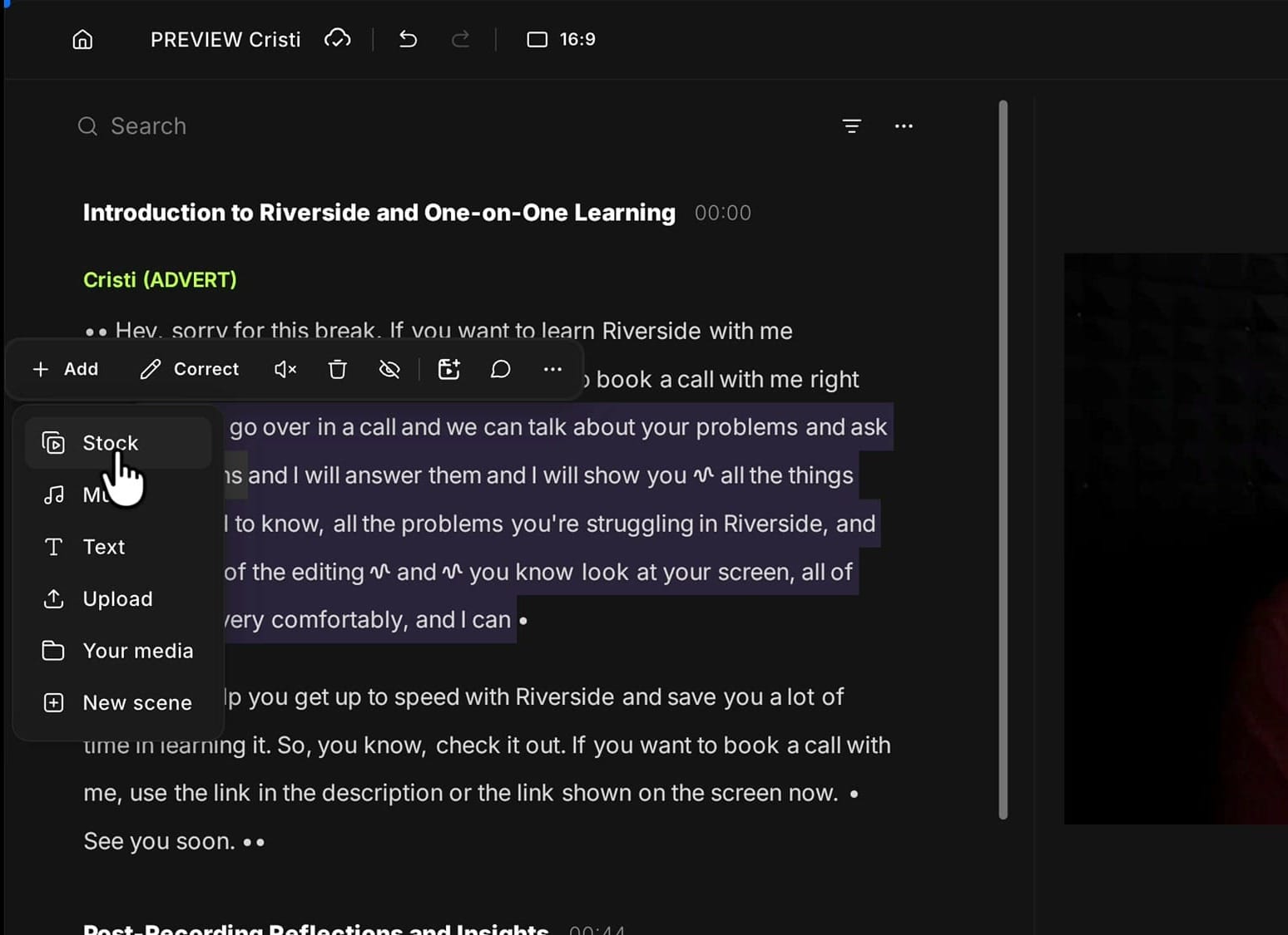 The Add menu open in the Riverside transcript showing Stock, Music, Text, Upload, Your media and New scene options