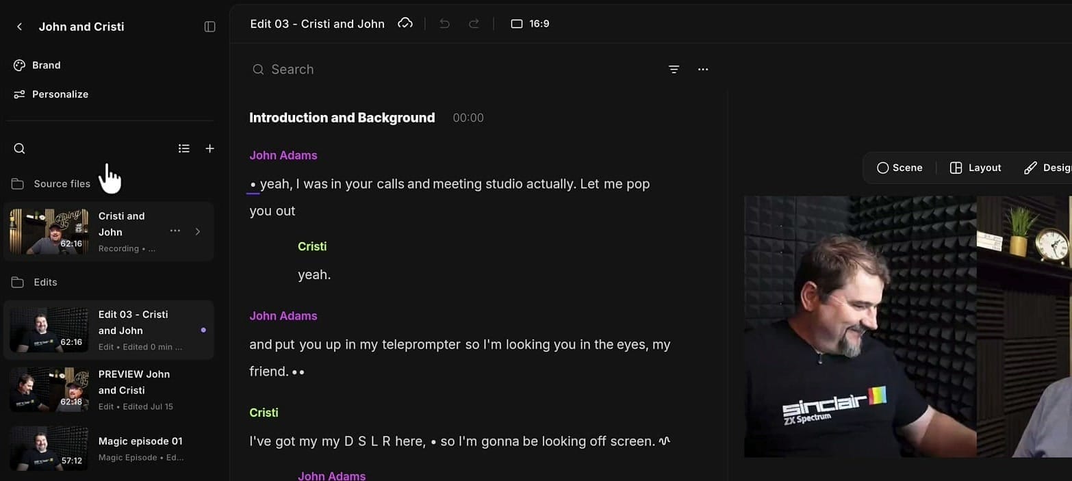 Riverside new editor with the left sidebar open showing Brand and Personalize at the top