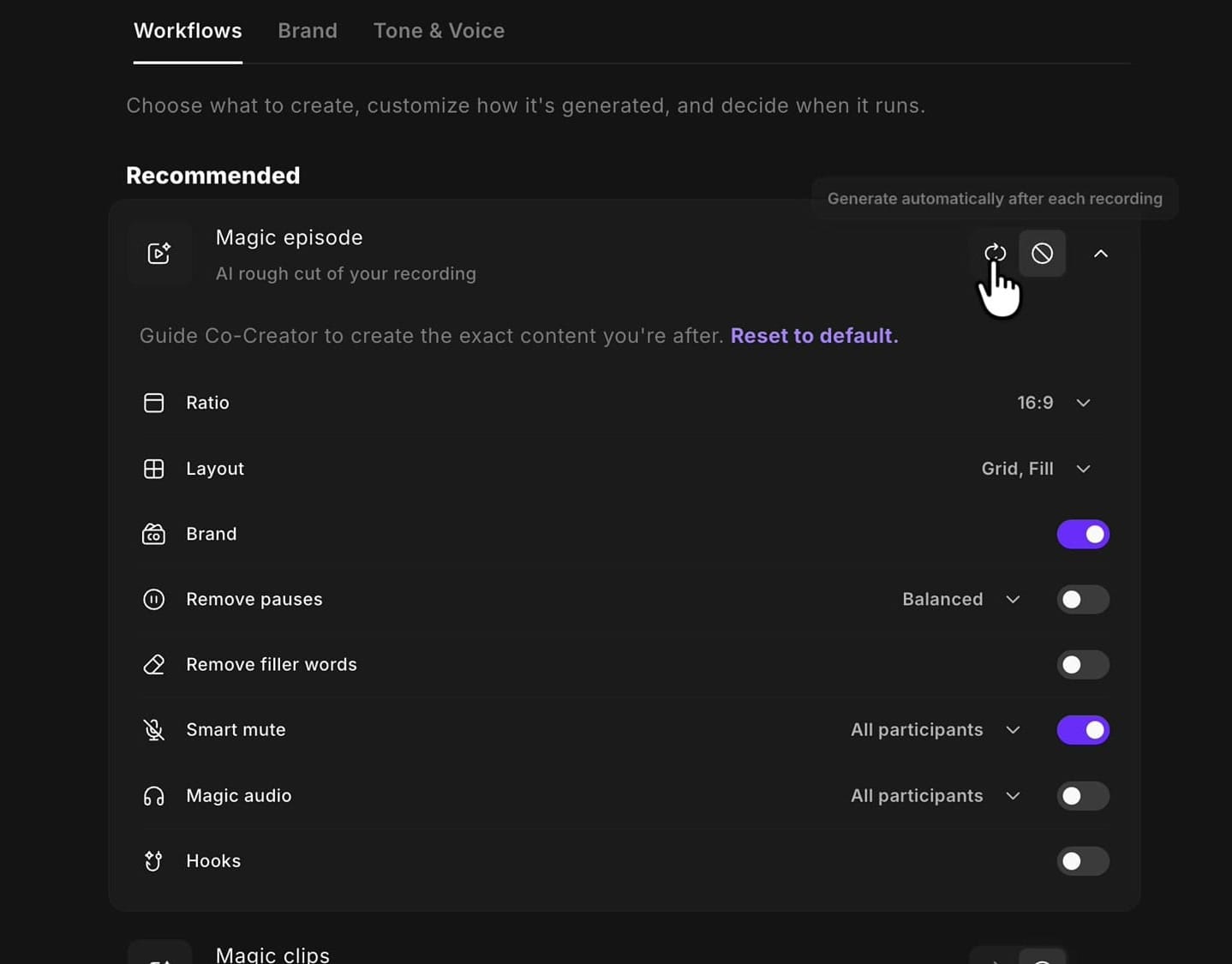 Tooltip reading Generate automatically after each recording on the circular arrows button in Riverside