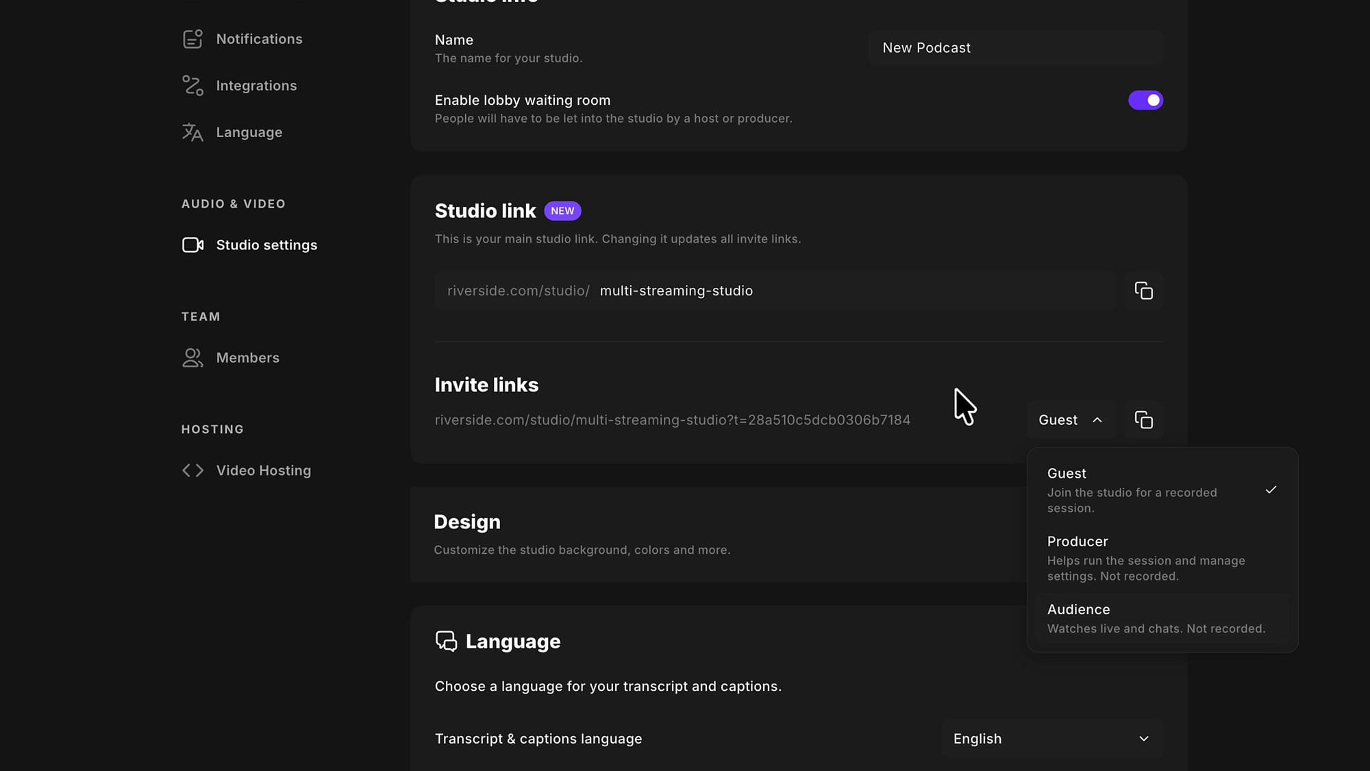 Riverside invite link role dropdown open showing Guest, Producer, and Audience options with descriptions