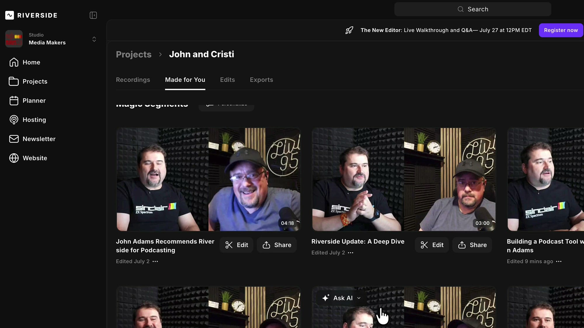 Riverside Made for You tab showing automatically generated Magic Segments with thumbnails