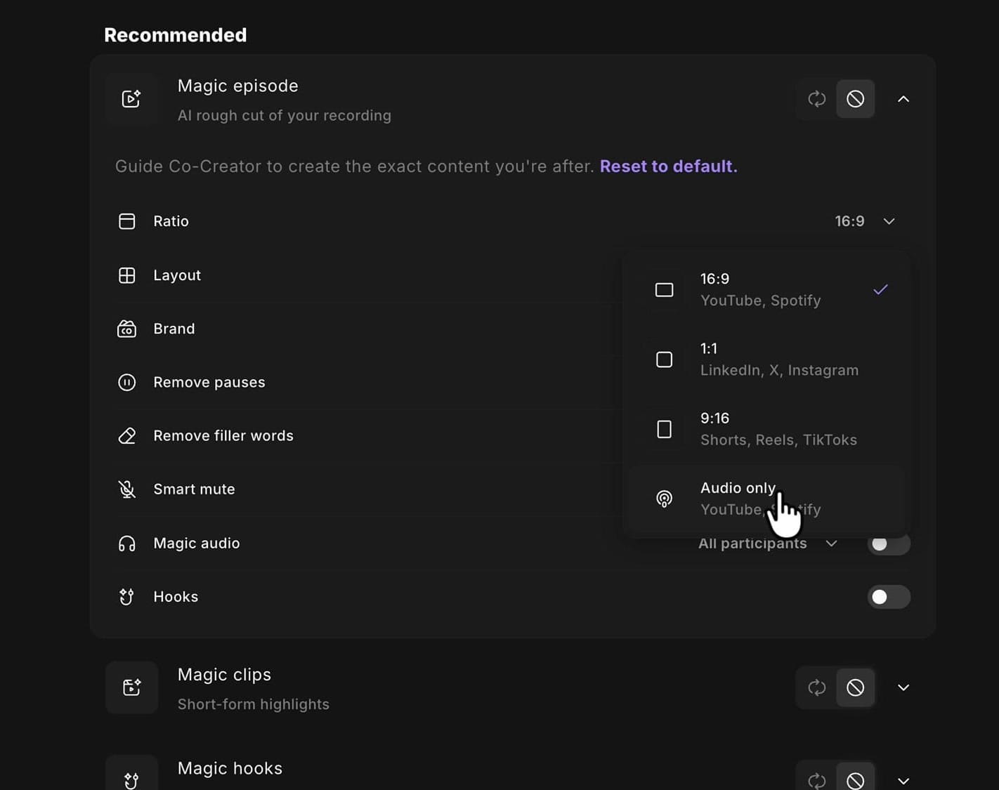 Riverside Ratio dropdown showing 16:9, 1:1, 9:16 and Audio only options with platform hints