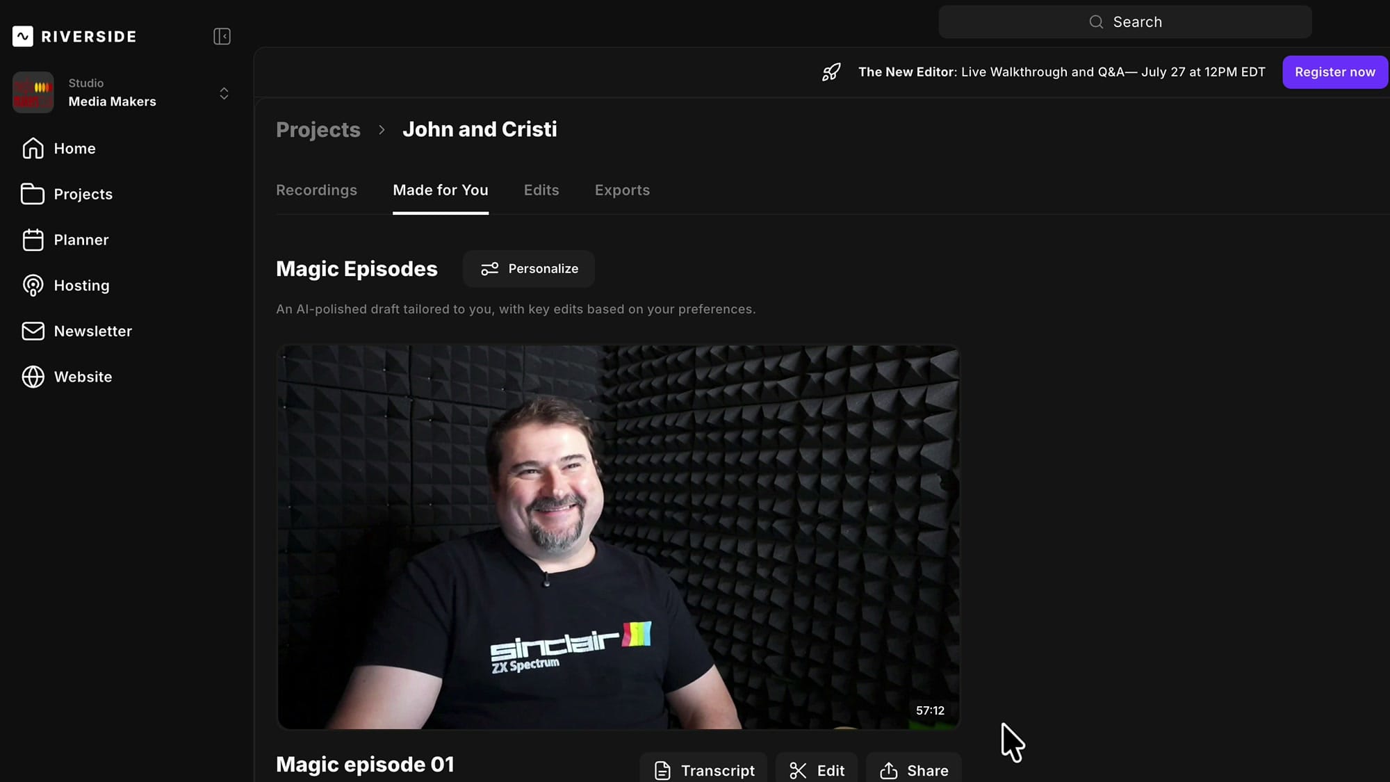 Riverside Magic Episodes section with the Personalize button next to the heading