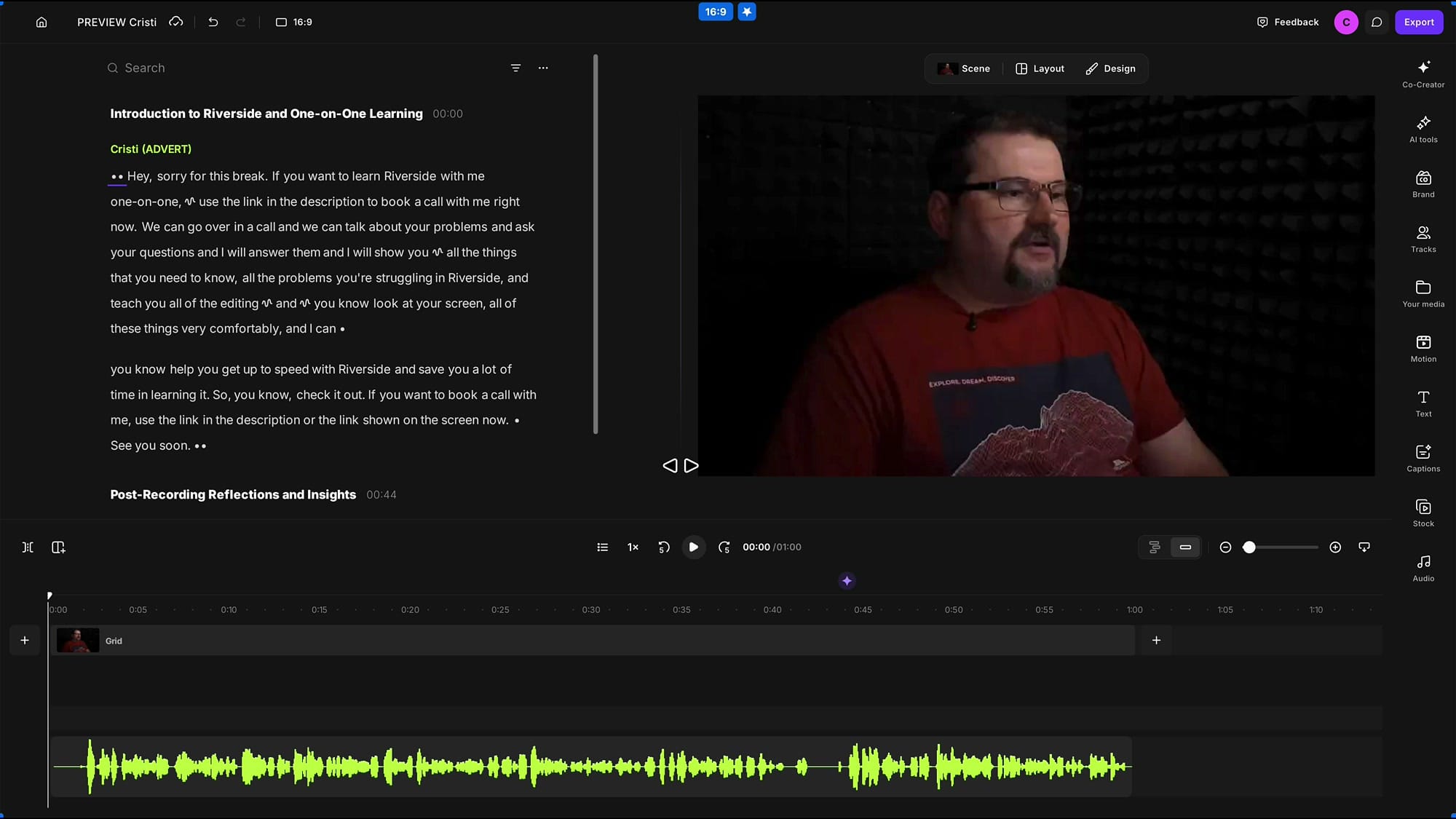 The new Riverside editor showing the Scene, Layout and Design tabs with a transcript on the left and the preview on the right