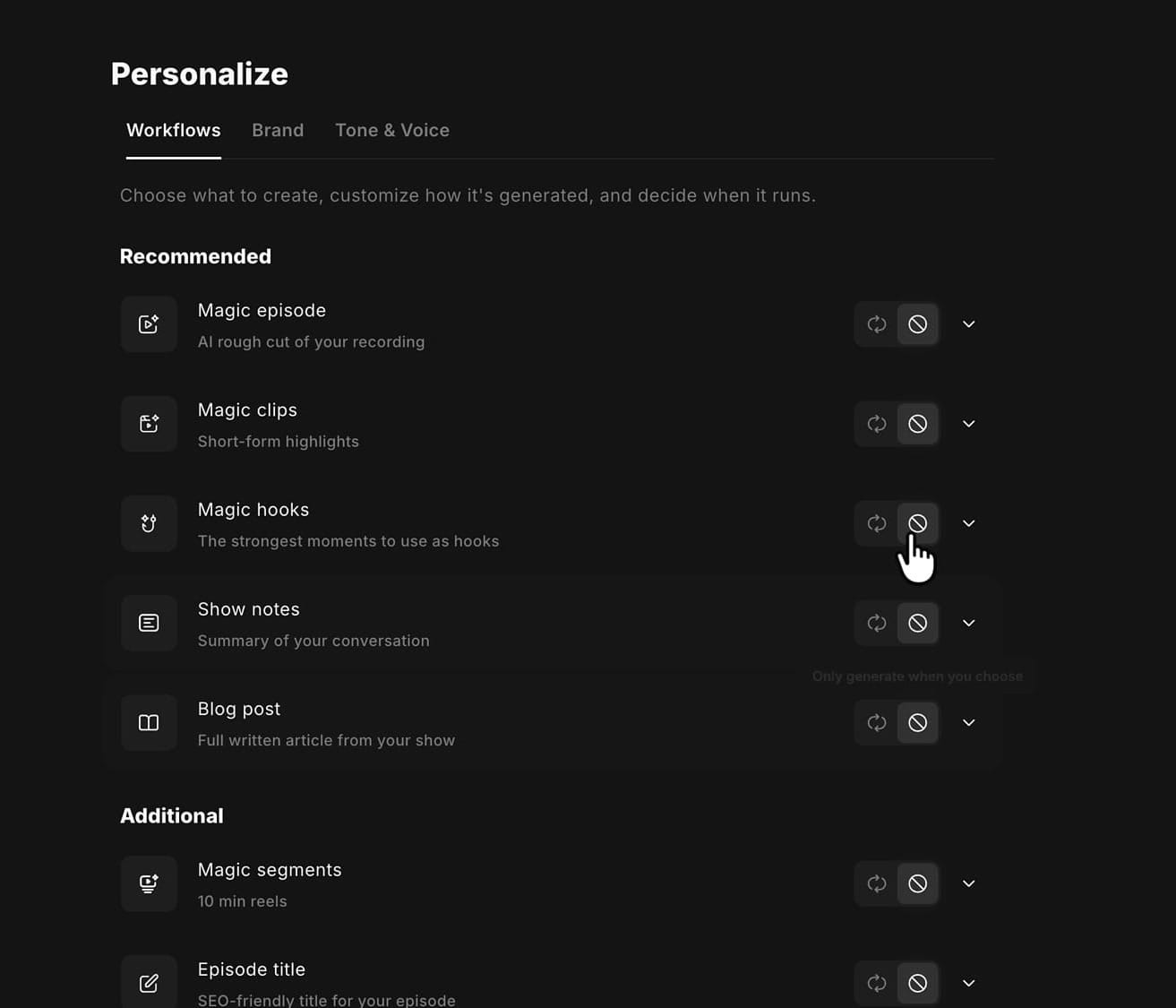 Tooltip reading Only generate when you choose on the circle-slash button in Riverside