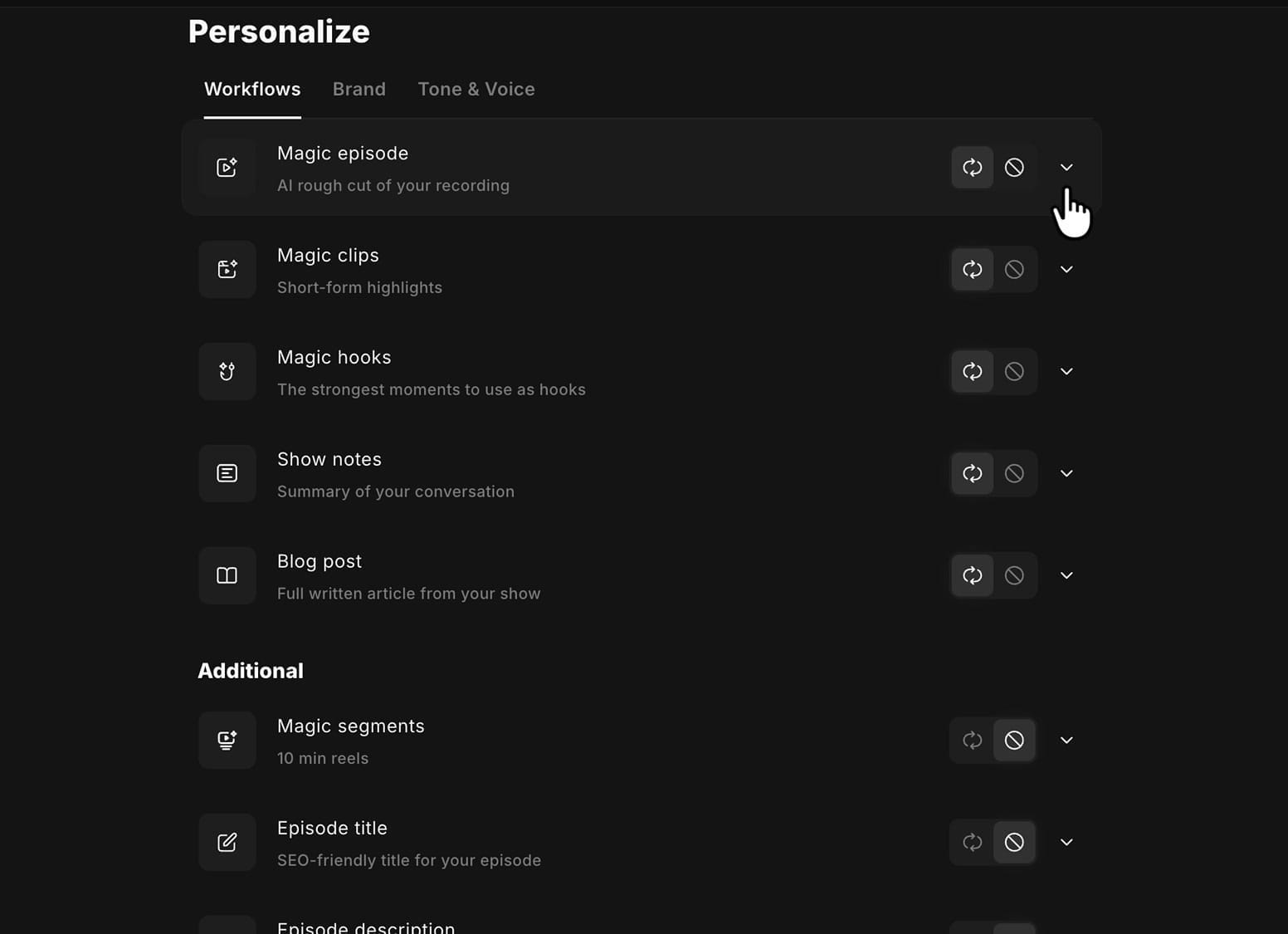 Riverside Personalize panel showing the Workflows tab with Recommended workflows listed
