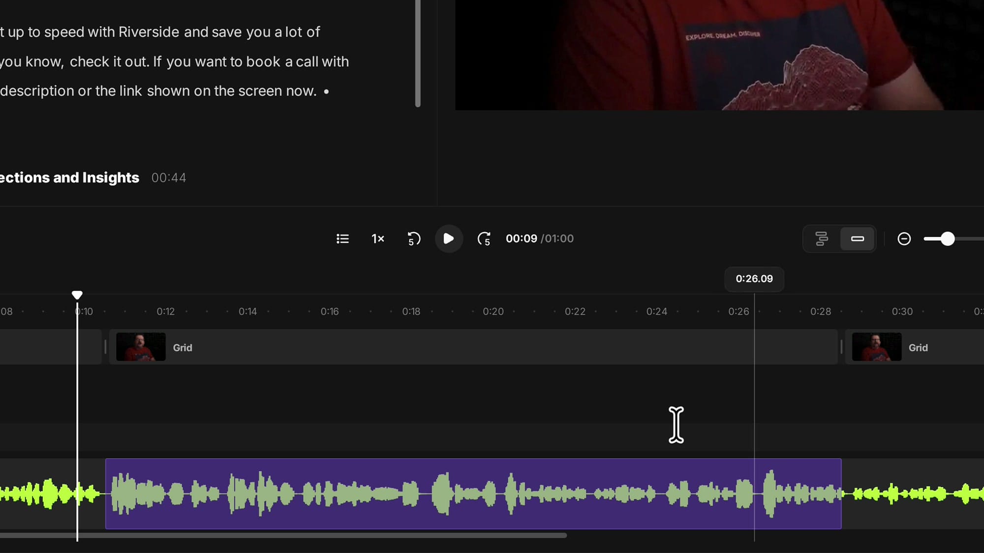 The Riverside timeline showing a highlighted scene region between two scene breaks