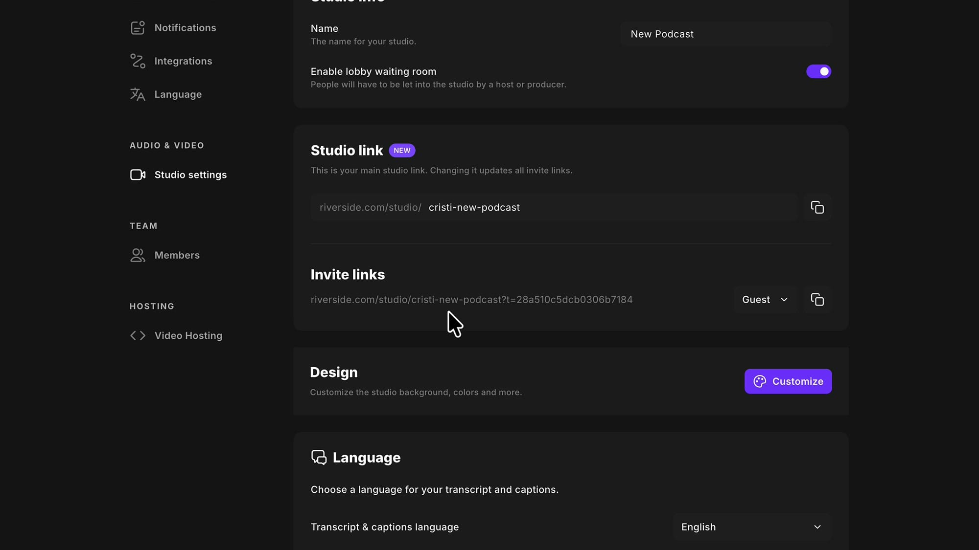 Riverside Studio settings after saving, with the Studio link set to cristi-new-podcast and the invite link below updated to match