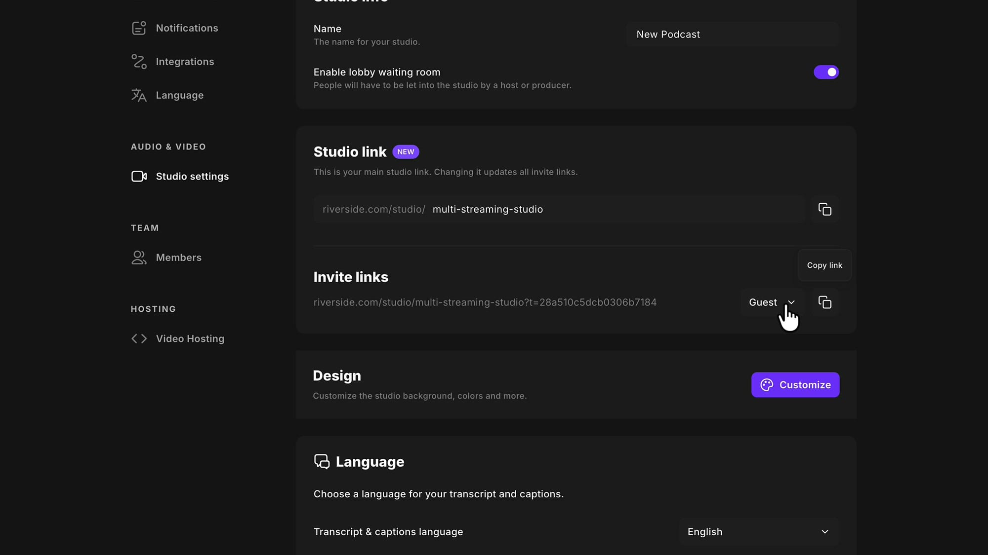 Riverside Studio settings page showing the Studio link section with the current URL riverside.com/studio/multi-streaming-studio