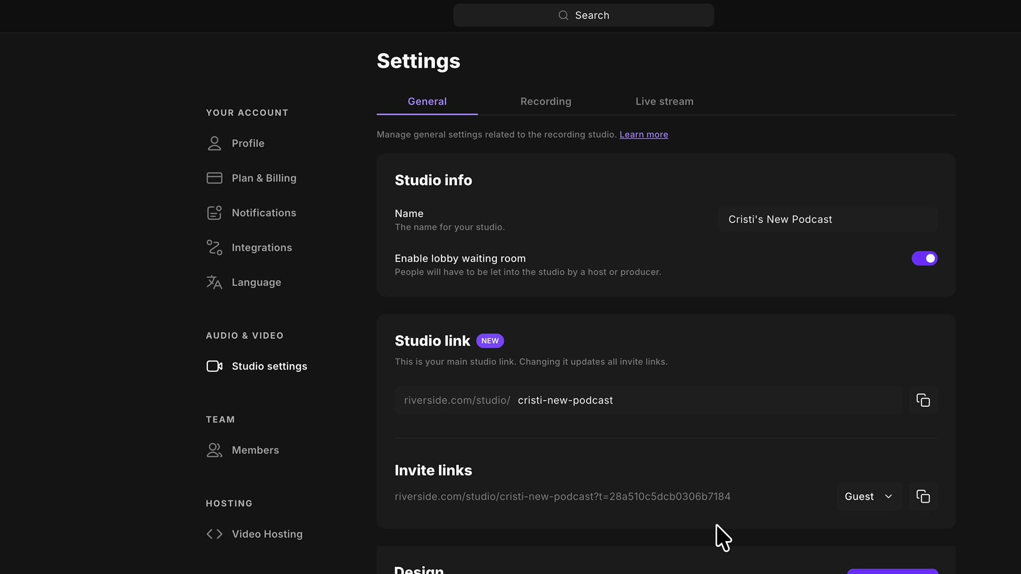 Riverside Settings page with Studio info Name set to Cristi's New Podcast and the Studio link slug still cristi-new-podcast