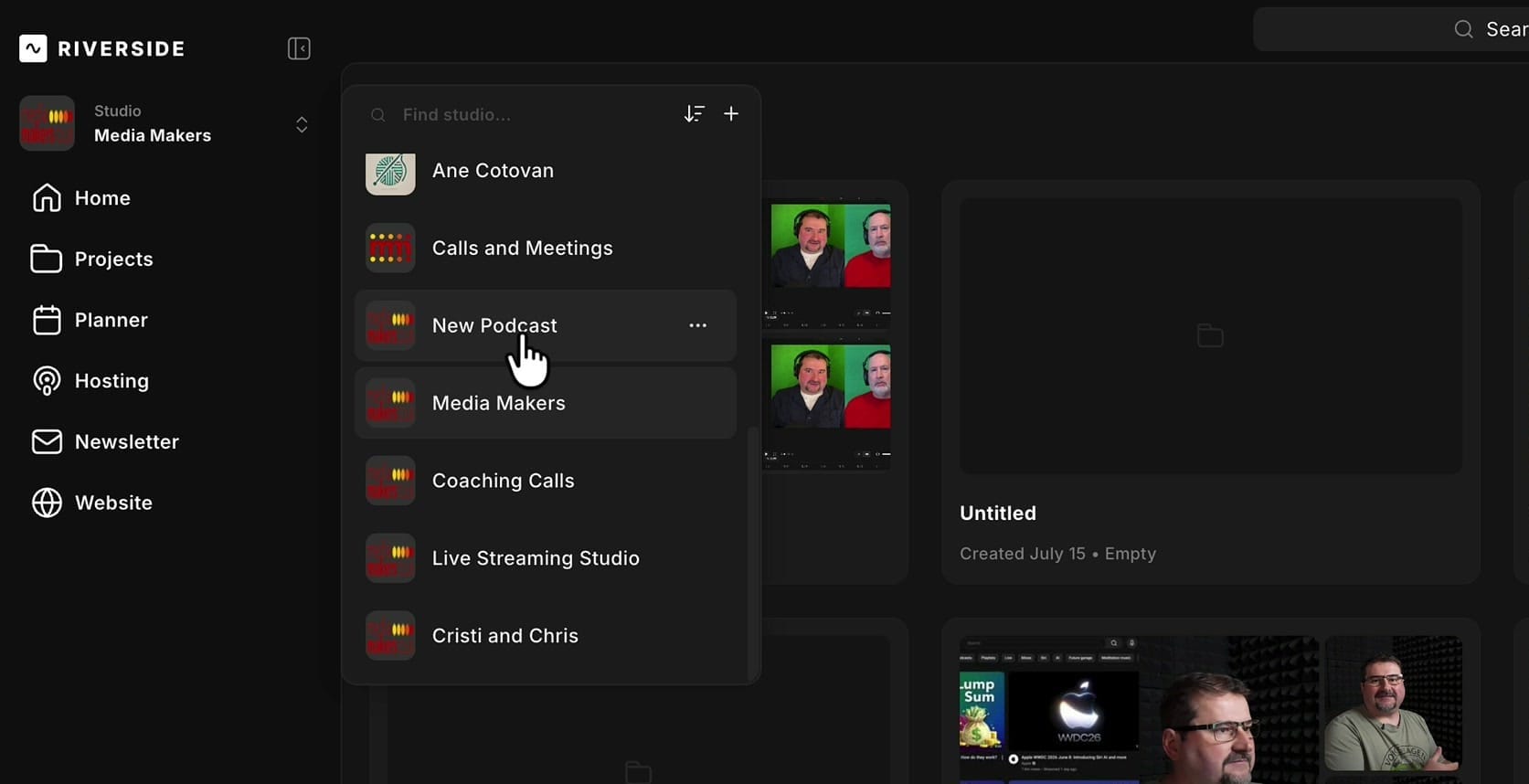 Riverside Studio switcher dropdown open, showing a list of Studios with New Podcast highlighted