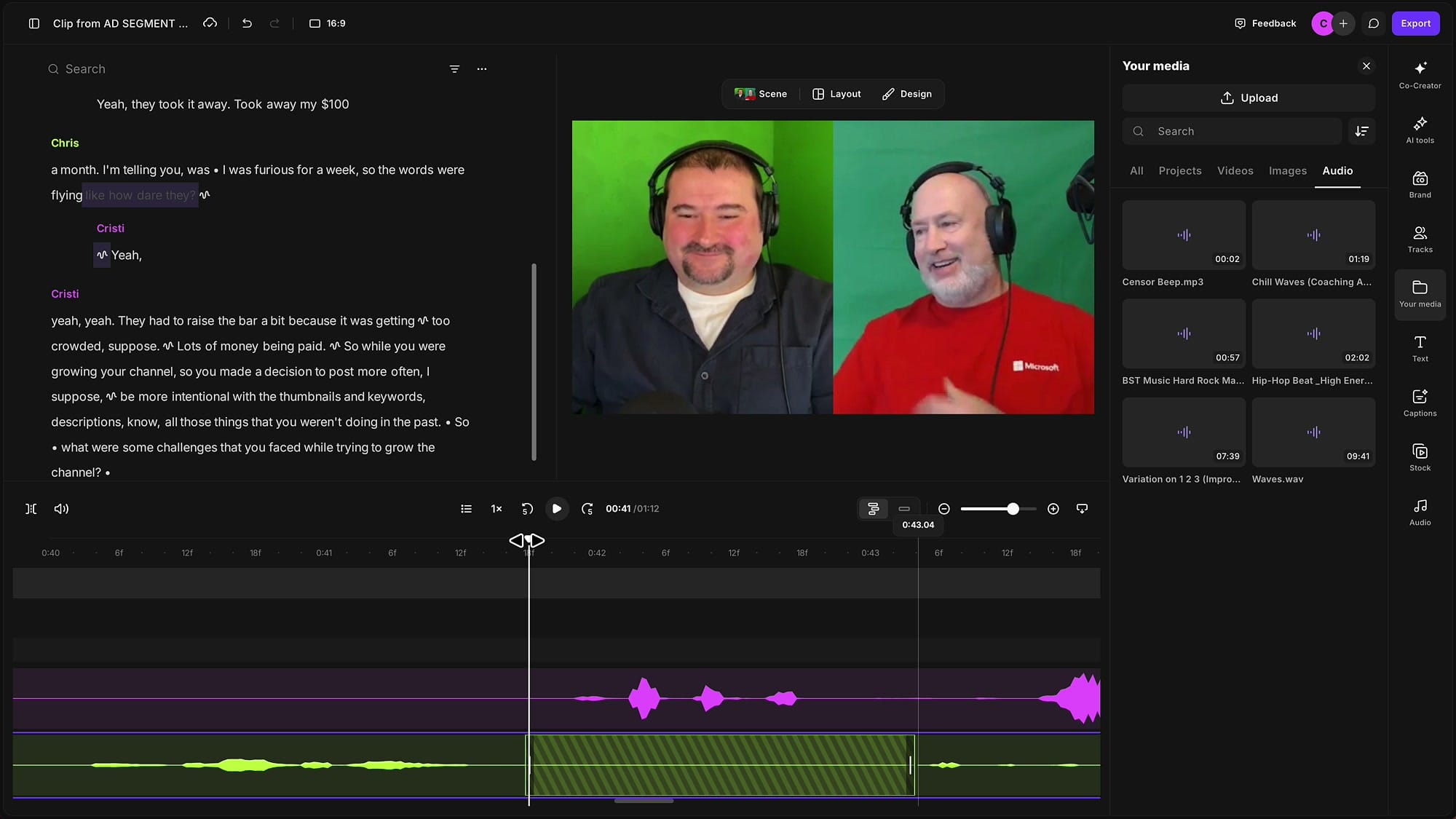 Censor Beep sound uploaded into the Your Media audio panel in Riverside