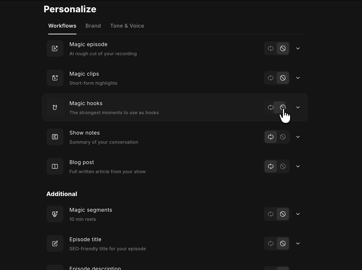 Riverside Personalize panel with Magic episode, Magic clips and Magic hooks switched to manual