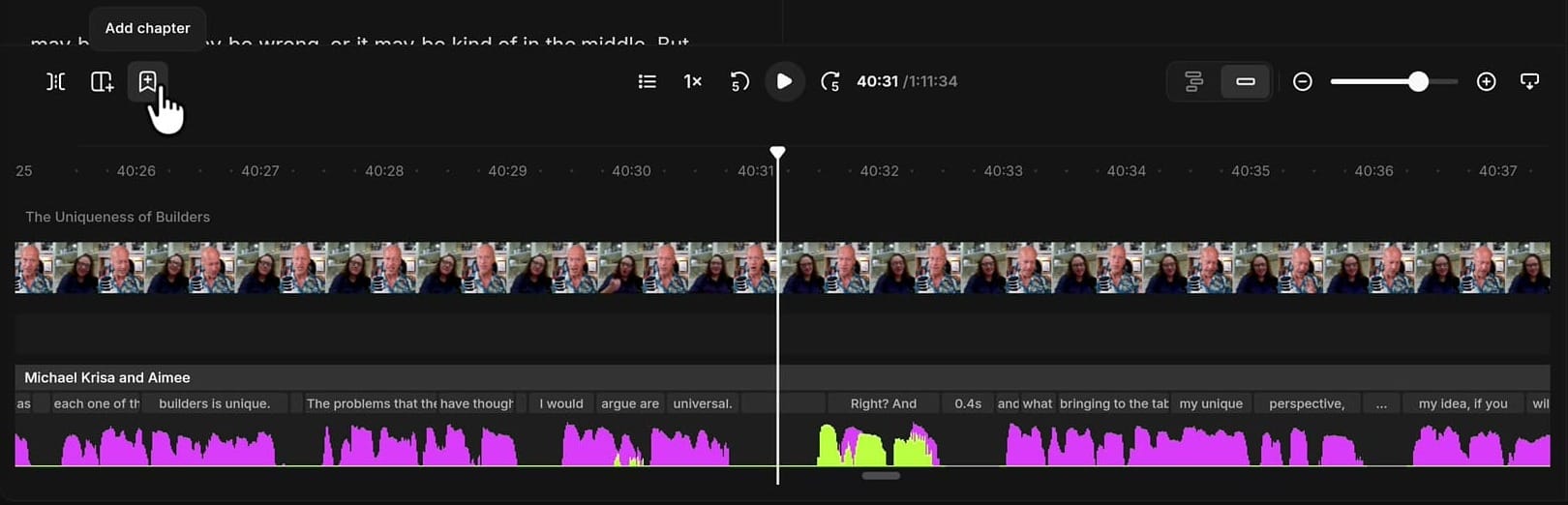 The Riverside timeline toolbar with the Add chapter button and tooltip visible, playhead parked at 40:31 on a zoomed-in timeline