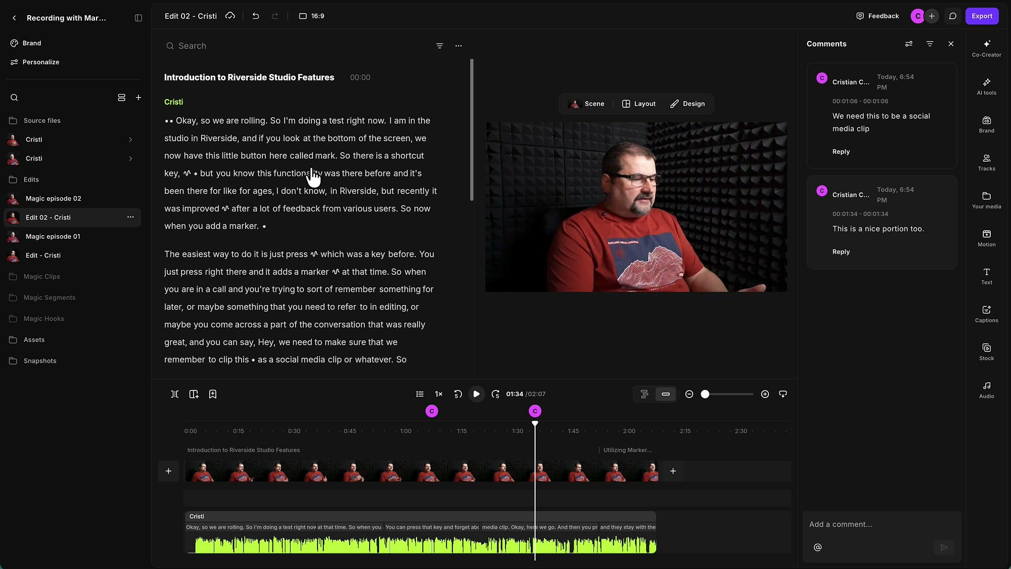 A Riverside transcript showing the auto-generated chapter heading Introduction to Riverside Studio Features at 00:00