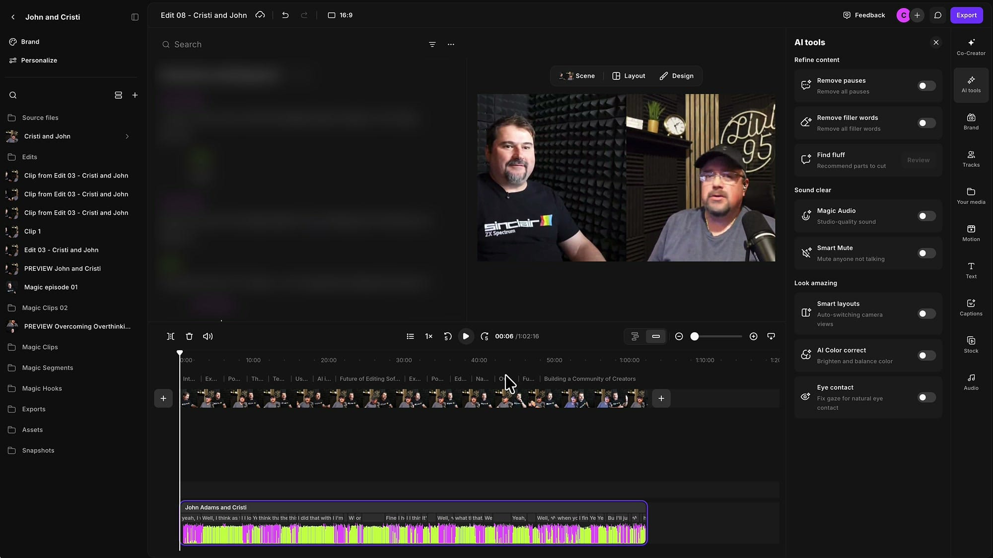 Riverside AI tools panel with Smart layouts switched off and no scenes on the timeline below
