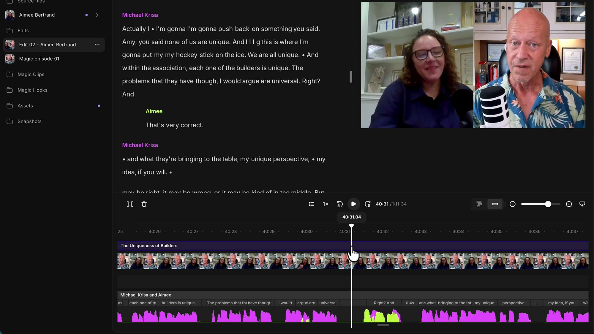 A Riverside chapter block highlighted purple on the timeline rail, with no Add chapter button visible in the toolbar