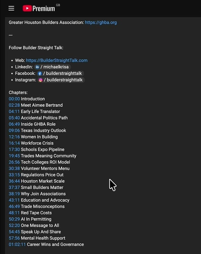Chapters pasted into a YouTube video description, rendered as clickable blue timestamps