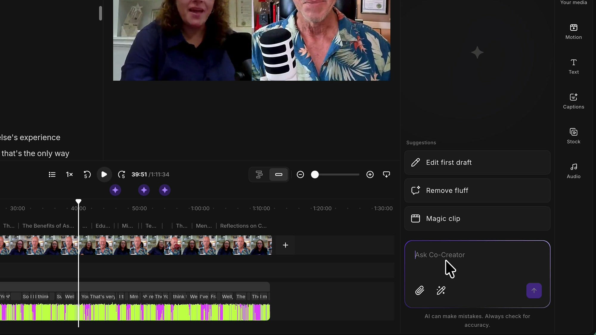 The Riverside Co-Creator panel with the Ask Co-Creator prompt box and suggestions like Edit first draft, Remove fluff, and Magic clip