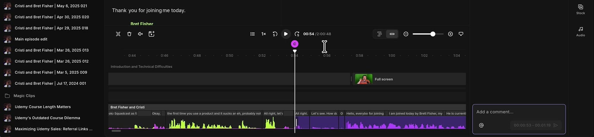 Riverside comments panel with a comment thread, and the matching comment marker on the timeline