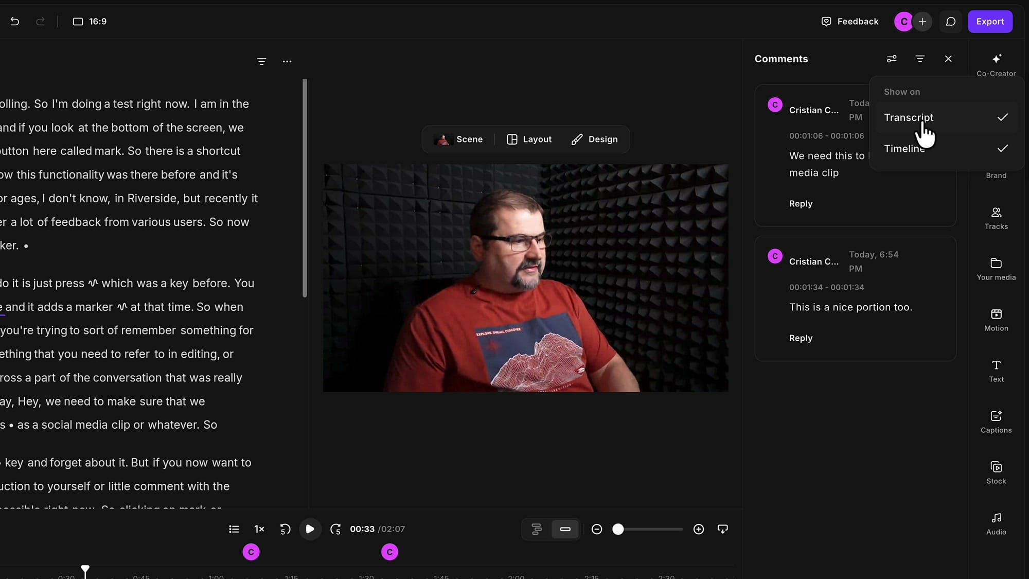The Show on menu in the Riverside Comments panel with Transcript and Timeline both ticked